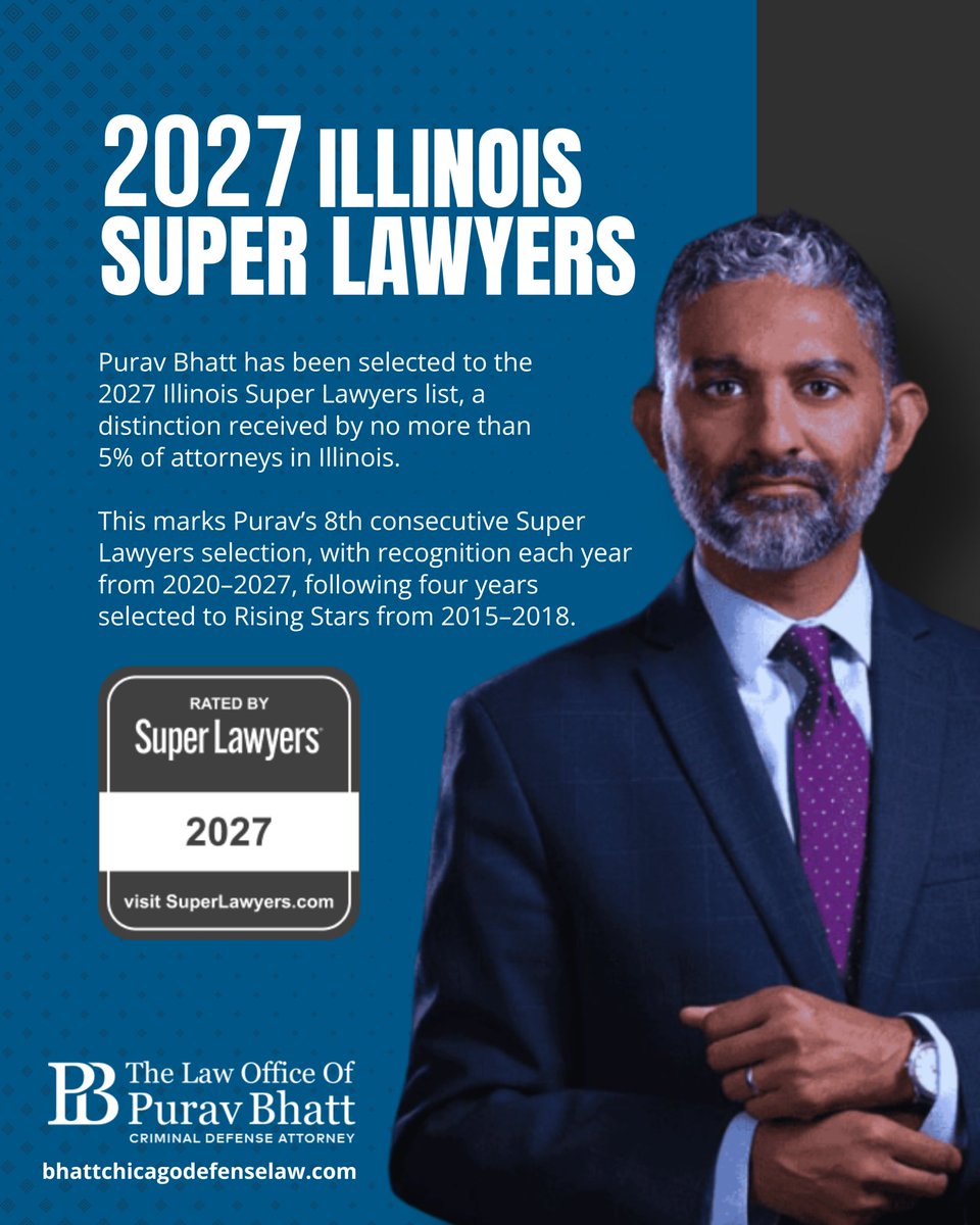 DefenseLawyerIL's tweet photo. Purav Bhatt has been selected to the 2027 Illinois Super Lawyers list, a distinction received by no more than 5% of attorneys in Illinois. This marks his 8th consecutive Super Lawyers selection and reflects the firm’s continued commitment to criminal defense. https://t.co/QwnCB7f9D9