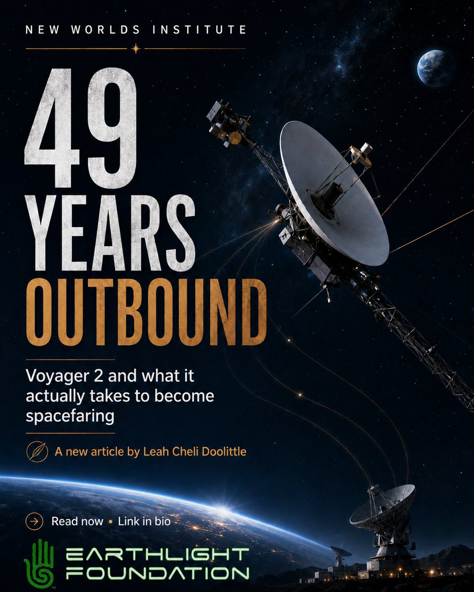 EarthLightOrg's tweet photo. 49 years ago today, Voyager 2 launched from Cape Canaveral.

It’s still operating in interstellar space—and its longevity tells us something important about what it actually takes to become spacefaring.

New from EarthLight Executive Director Leah Cheli Doolittle for the New Worlds Institute:

https://t.co/mNYYbe1L3Z