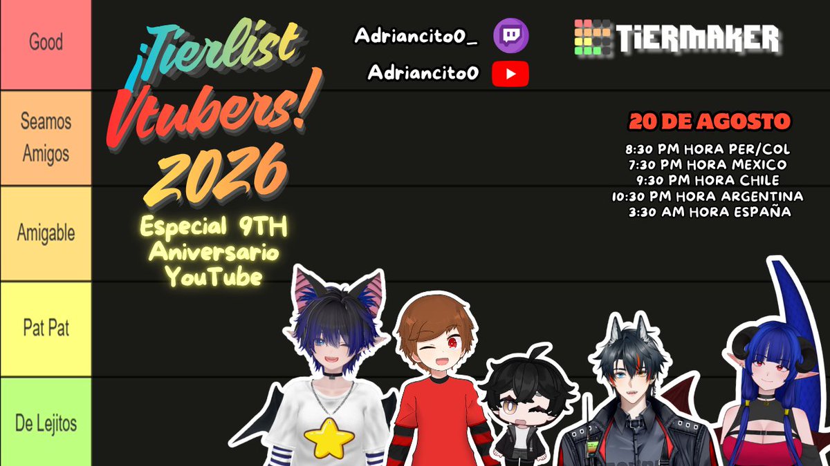 Adriancito0_'s tweet photo. Mis VampiElfos 🦇🍊 El Dia de Hoy 
Estaremos con los Panitas la Cuarta 
Tierlist de  Vtubers 2026 , Celebrando Los 9 Años de Aniversario en YouTube ; los veo en la Noche   por 
twich &amp; Youtube.
💜:https://t.co/nSp1xMcYlE
🔗:https://t.co/tY8qk2BV0a
#VtuberES  #TierlistVtubers2026 https://t.co/axABoLiLcI