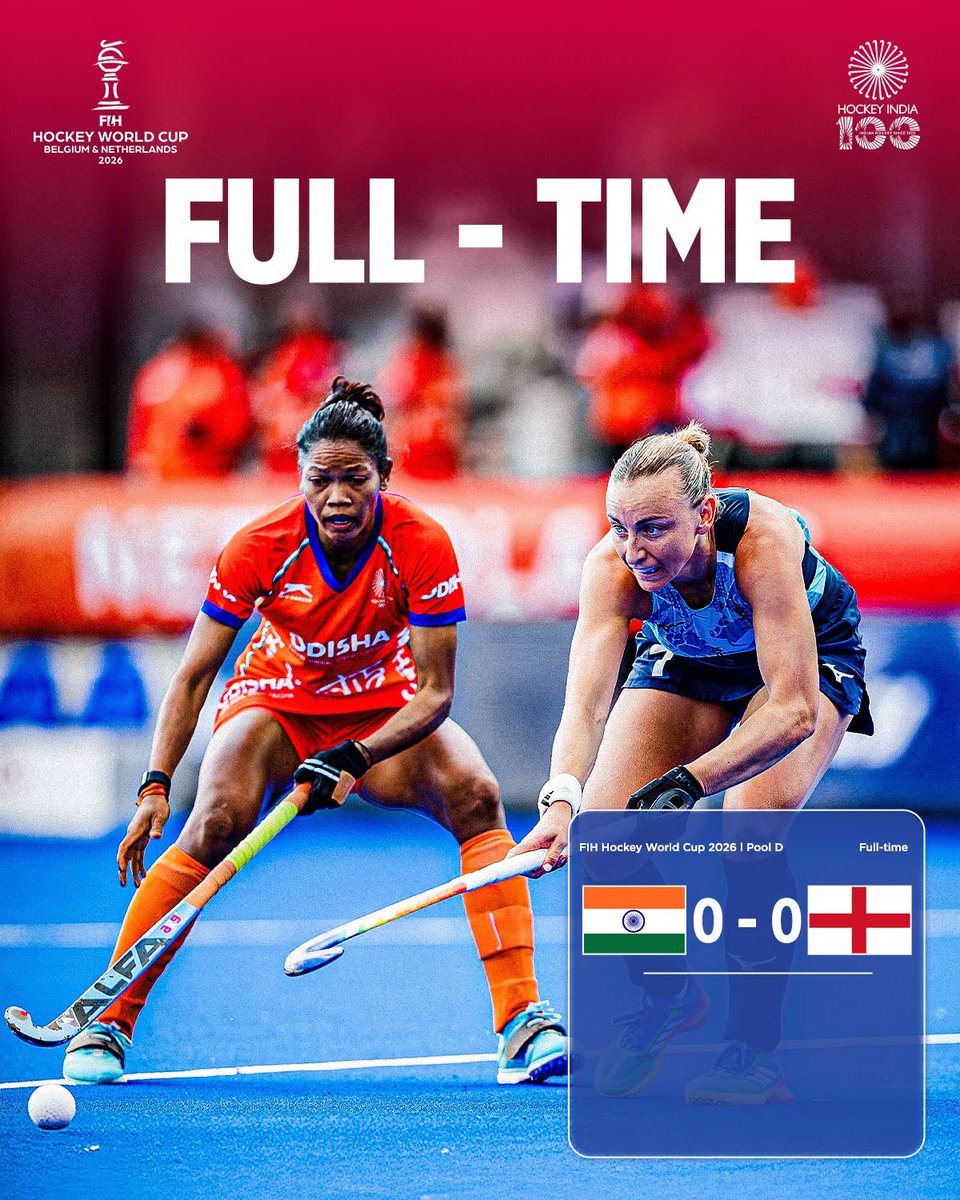 TheHockeyIndia's tweet photo. 𝗧𝗛𝗘 𝗙𝗜𝗚𝗛𝗧 𝗖𝗢𝗡𝗧𝗜𝗡𝗨𝗘𝗦! 🇮🇳🔥

A hard-fought battle until the final whistle! 💪🏑

The Indian Women’s Team played out a gritty 0️⃣-0️⃣ draw against England in their final Pool D clash at the FIH Hockey World Cup Belgium & Netherlands 2026. 🇮🇳

With the result, India remain firmly in the hunt for a place in the Semifinals and have secured their spot in the next round! 👊🔥

#HockeyIndia #IndiaKaGame #HWC2026 #INDvsENG