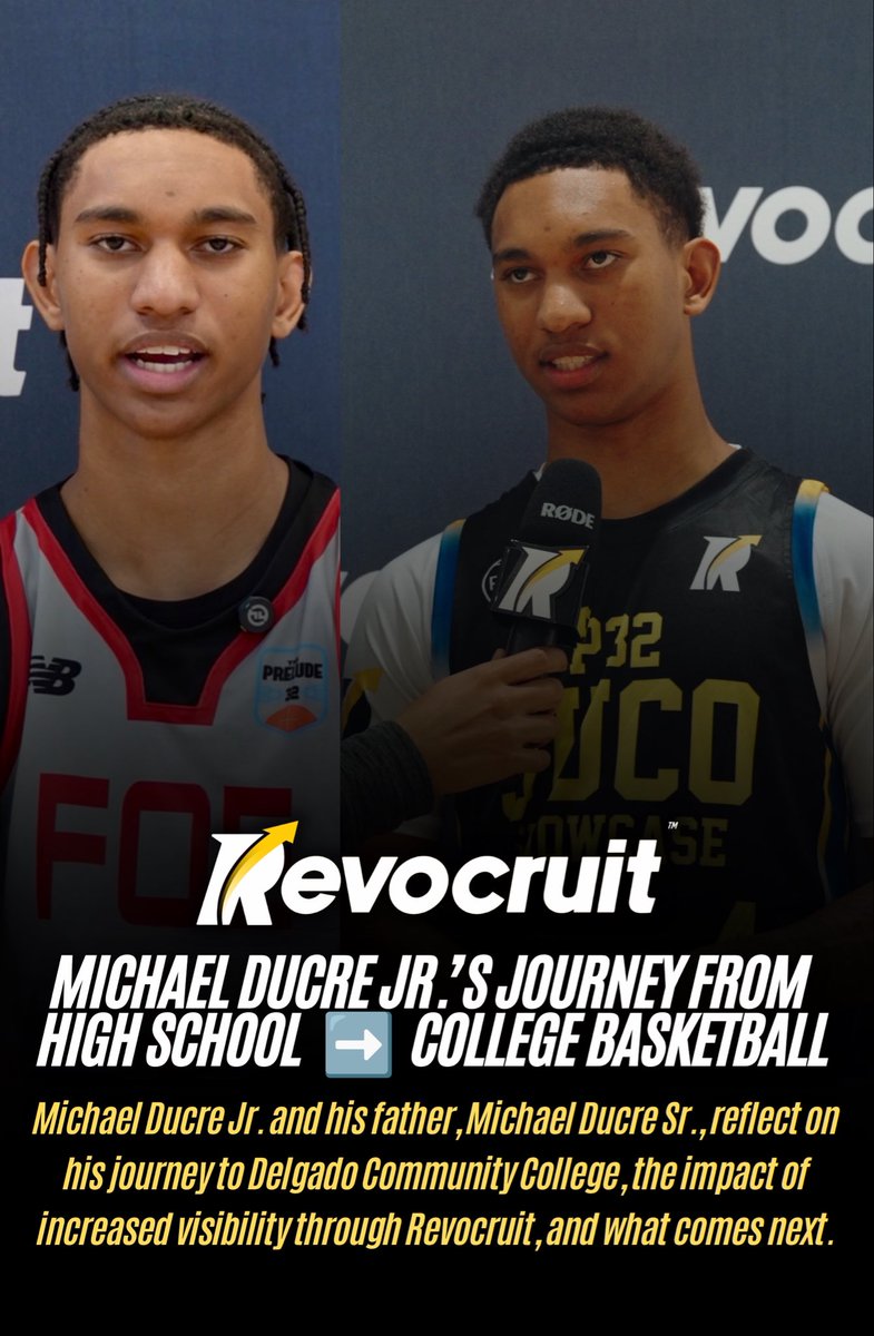 Revocruit's tweet photo. Michael Ducre Jr.’s journey with Revocruit didn’t stop when his high school career ended. It entered a new chapter.

Last year, Michael was on the Revocruit platform as a high school prospect searching for an opportunity to continue his career at the college level. That journey took him to Delgado Community College, where he’s now preparing for his first season of JUCO basketball.

One year later, Michael stepped onto the floor at the Revocruit JUCO Showcase as a college athlete, continuing to put himself in environments where he could compete, be evaluated and build toward what comes next.

Now the goal has shifted. It’s no longer about getting to college. It’s about using the JUCO level to create his next opportunity at a four-year program.

From high school prospect to college athlete, Michael’s story represents what the journey is all about: earning one opportunity, then positioning yourself for the next.

And as his career continues, college coaches can continue to find, follow and track Michael Ducre Jr. throughout his JUCO journey on Revocruit.