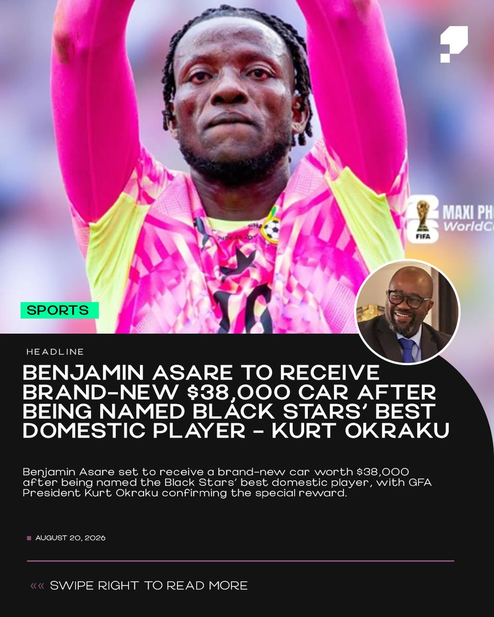 PixelbloomMedia's tweet photo. Benjamin Asare is set to be gifted a brand-new car valued at $38,000 after being recognised as the Black Stars’ best domestic player, GFA President Kurt Okraku has confirmed. https://t.co/GgmPi32wRs