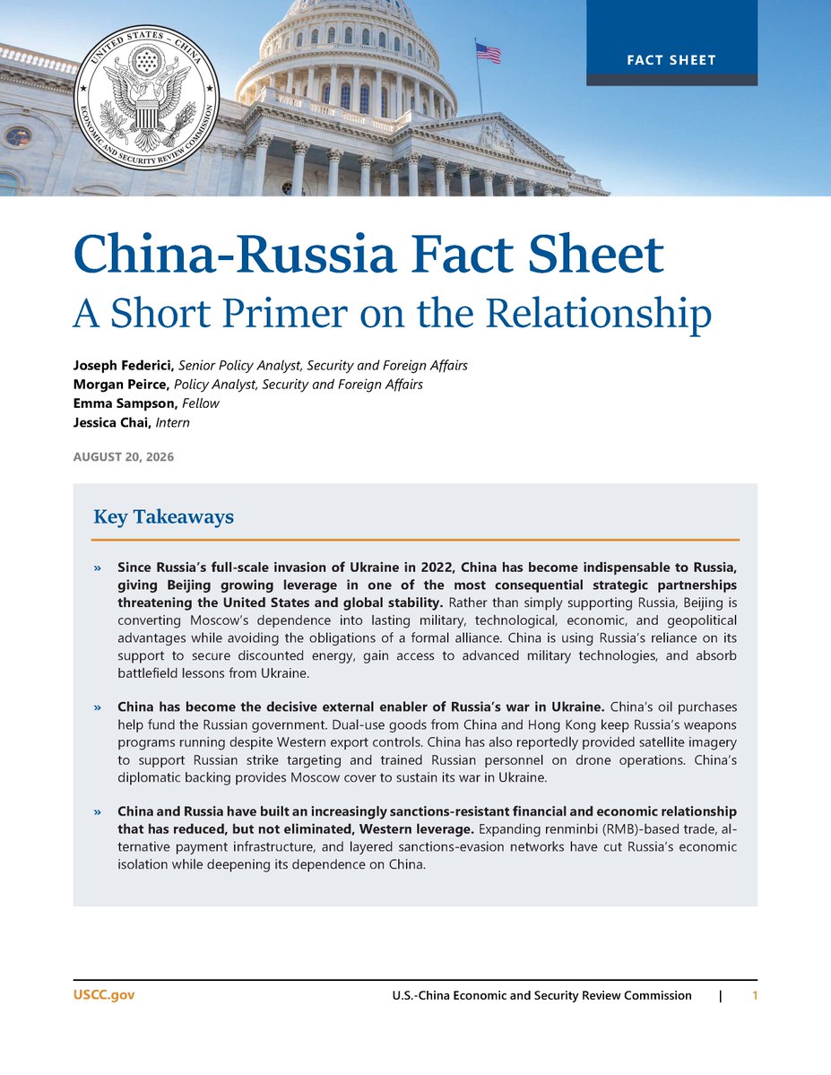 USCC_GOV's tweet photo. 🚨New: China-Russia Fact Sheet: A Short Primer on the Relationship

This resource examines the increasingly consequential strategic partnership between Beijing and Moscow and its implications for U.S. national security and strategic competition. 

More👇 https://t.co/nhRTyV0uTL