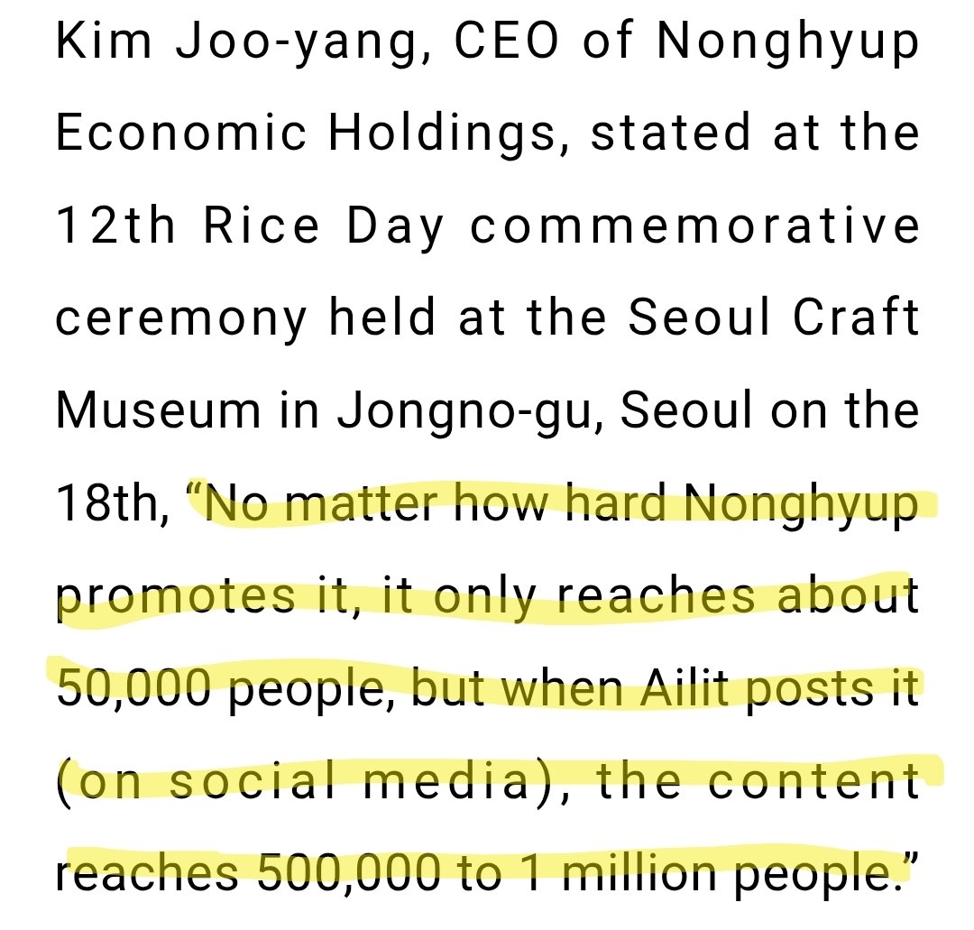 elit_quprids's tweet photo. The Ceo of National Agricultural Cooperative Federation (Nonghyup) Economic Holdings said "No matter how hard Nonghyup promotes it, it only reaches about 50K people, but when ILLIT posts it, the content reaches 500K to 1M people"

ILLIT's impact 😭 https://t.co/Os7DY45J3a