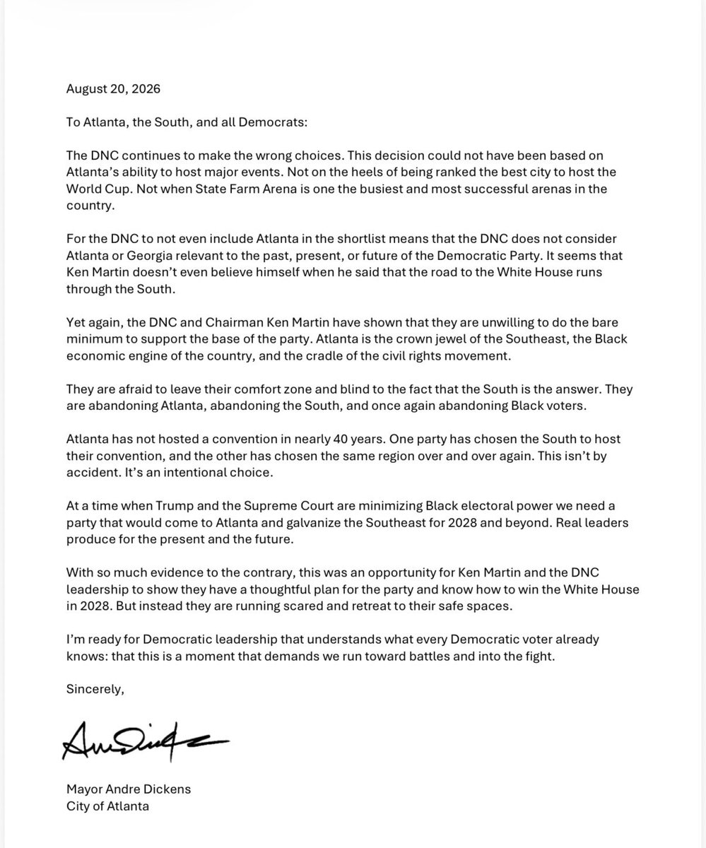 bluestein's tweet photo. A scathing response to the DNC snub from Atlanta Mayor Andre Dickens: “They are afraid to leave their comfort zone and blind to the fact that the South is the answer. They are abandoning Atlanta, abandoning the South, and once again abandoning Black voters.” #gapol https://t.co/PiazskeHJl