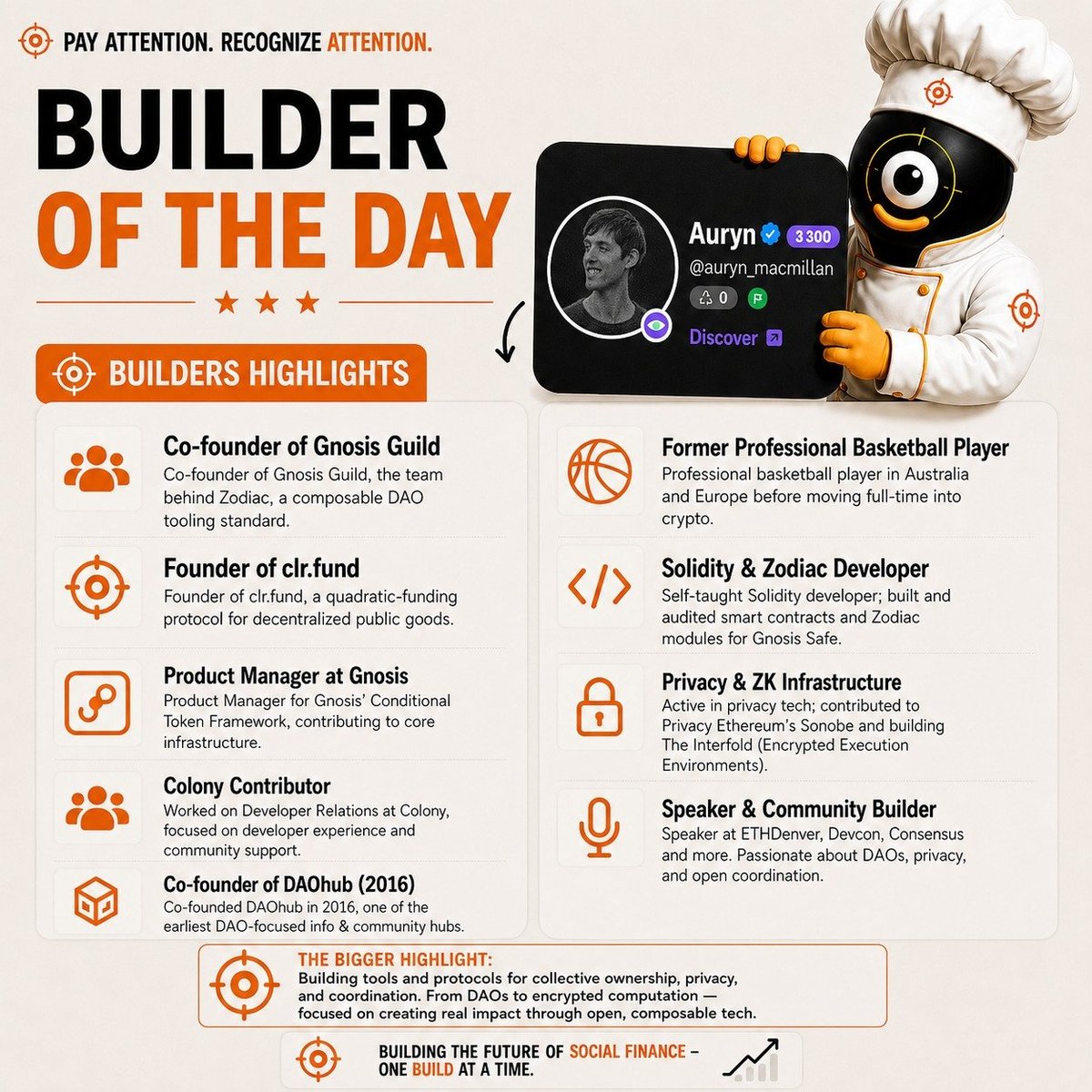 Attention_io's tweet photo. Builder of the day

Auryn the builder of ethereum:0xe172e9b6cfbeeb5593bdce3f077356fdb33af904
builder in DAOs, privacy & ZK

Attention on @auryn_macmillan

Building at the intersection of DAOs × governance × privacy-preserving computation with a focus on creating better tools for collective ownership and coordination.

From Gnosis Guild and https://t.co/0CJE04IdIT to Zodiac, Solidity development and The Interfold

CA: 0xE172e9B6cfBeeB5593bDcE3f077356FDb33af904 

Pay more $ATTENTION to this developer