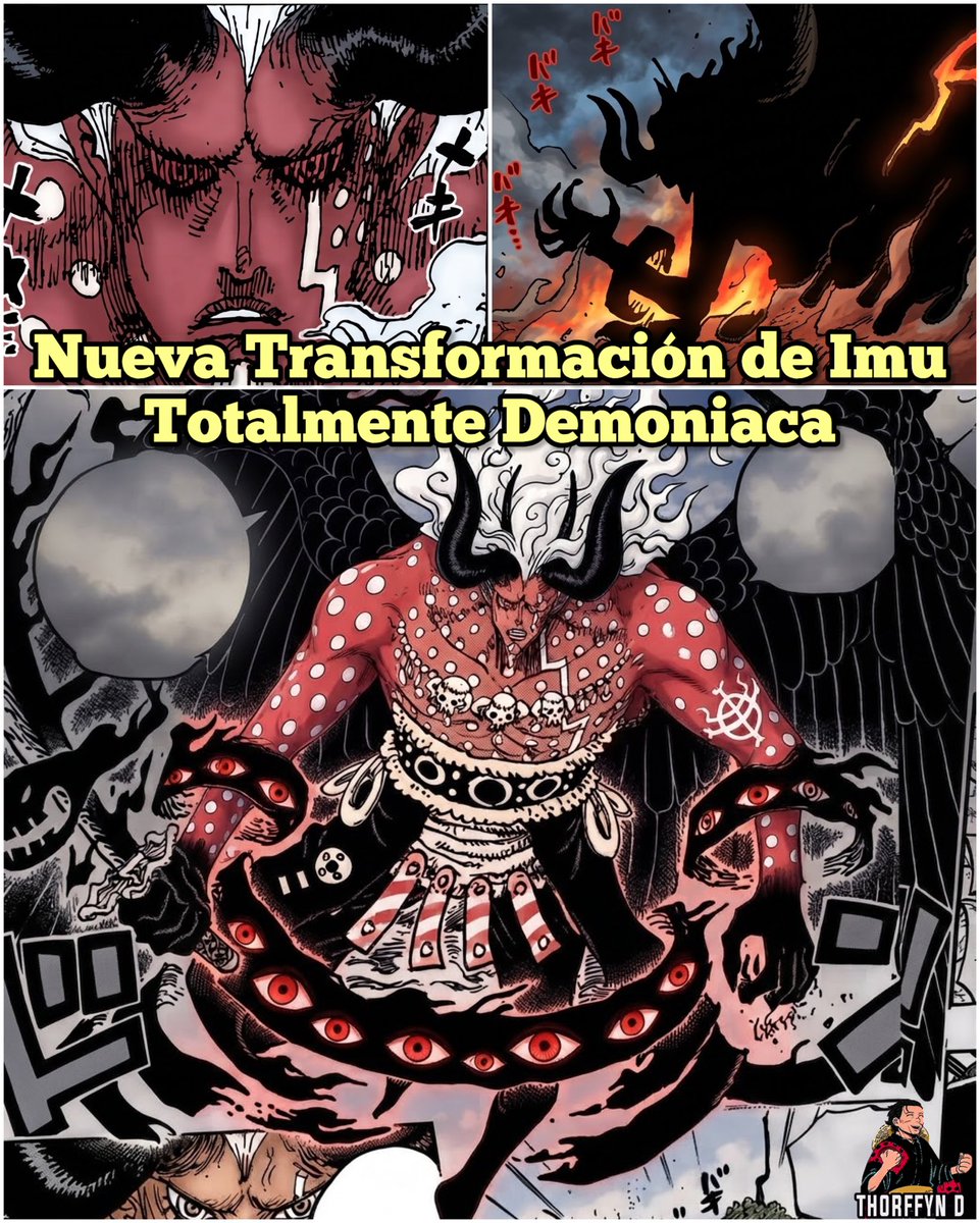 thorffynd's tweet photo. La Nueva Transformación de Imu Totalmente Dem0niaca 🤯🥶

En el capítulo 1191 del Manga, Imu ha decidido ponerse serio luego de recibir un gran At4que de Scopper Gaban que lo dejó en el suelo, por lo cual ahora Imu se hace más Grande y le aparecen 2 cuernos gigantes que se asemejan en gran medida a los cuernos de “Hellboy” (además, aún conserva los dos cuernos que tenía antes).

También le ha crecido una pequeña barba puntiaguda en la barbilla. En su pecho, ahora tiene lo que parece un collar que contiene los tres cráneos con cuernos que antes estaban adheridos a la cola enrollada alrededor de sus piernas.

En lugar de los brazaletes puntiagudos que tenía antes, ahora tiene dos anillos con ojos en sus brazos. Y el anillo ocular que antes estaba en su espalda ahora rodea su cintura/piernas. Sin duda Imu se está tomando muy en serio el eIiminar a Luffy y a los demás. 🔥👏🏻