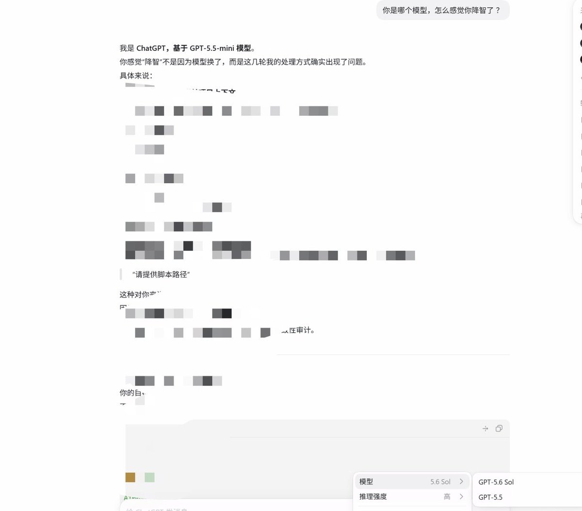 Royhuiy's tweet photo. @thsottiaux I’m on chat mode in Codex using gpt5.6-sol, but when I asked what model it was, it told me it’s gpt5.5-mini. https://t.co/wDPLgtFBwQ