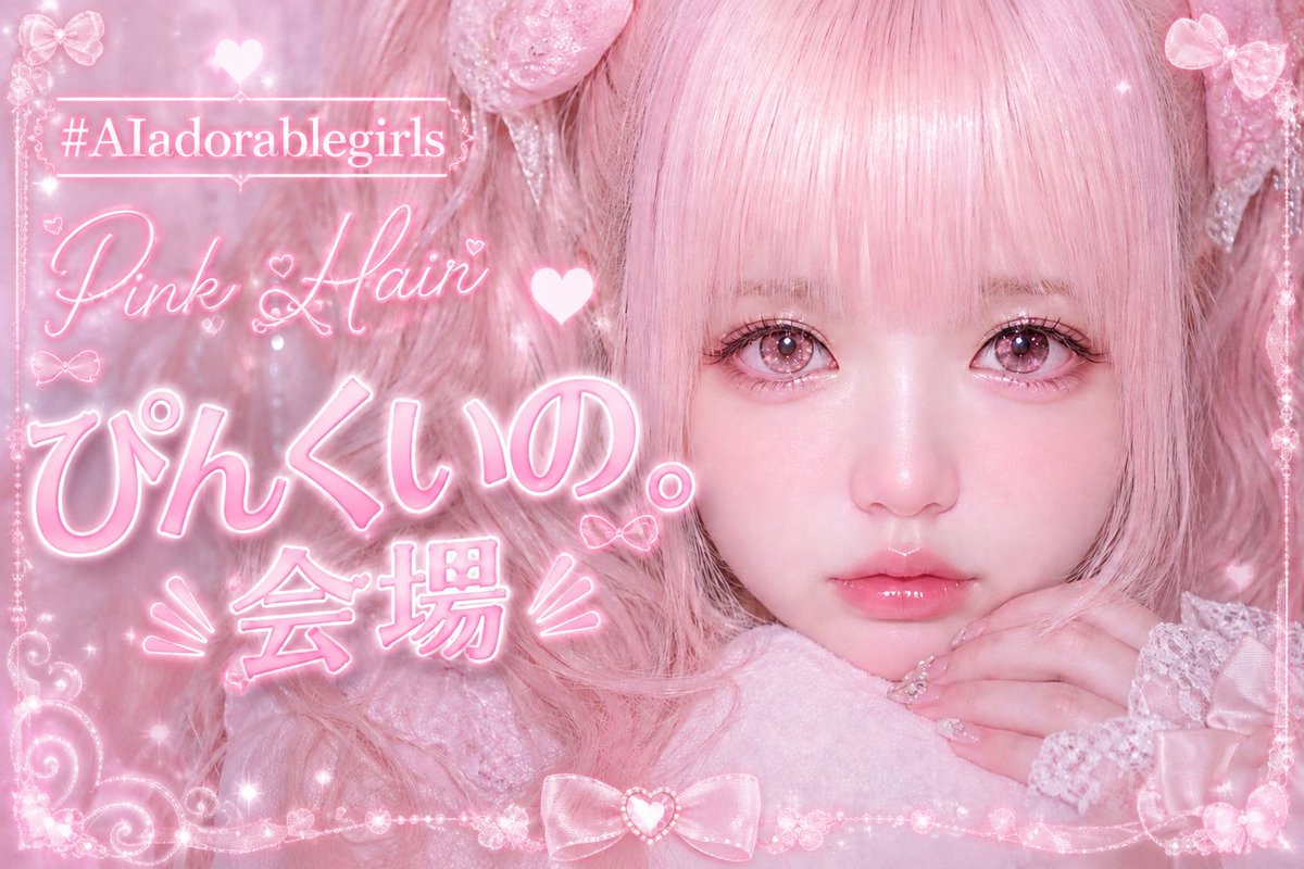 Pink_i_no's tweet photo. #AIadorablegirls

🎀 ･ﾟ✧ イ ベ ン ト 開 幕 ！ ✧ﾟ･ 🎀

🩷 1000 Followers Anniversary Event 🤍

Hina & ぴんくいの。
Pink × Platinum Girls
＼ 可愛い女の子大集合ー！！ ／

本日より3日間、合同イベント
 #AIadorablegirls 
開催です🥰🎉

そしてこちらは──
╭──────────────╮
　🩷Pink Hair 🩷
　ぴんくいの。会場
╰──────────────╯

メインの女の子の髪色が
🩷「ピンク色」🩷
なら参加OK！

ふわふわ甘々。
キラキラ幻想的。
ロリータ、ゴシック、和風、ポップ、
クール、ファンタジー……
どんな「可愛い」だって大歓迎です🩷
「これが私の可愛い！！」
を、思いっきり見せてください🥰🎀✨

══════⊹⊱❖⊰⊹══════
✦ 開催期間 ✦
2026/08/21(金) 00:00
　　　　～
2026/08/23(日) 23:59 JST
══════⊹⊱❖⊰⊹══════
✦ 参加方法 ✦
🎀 #AIadorablegirls をつけて投稿
🎀 1日1会場につき1枚まで
🎀 過去作OK
🎀 動画OK
🎀 R18・センシティブ作品はNG
🎀AIで作られたイラストであること
　（アニメ・フォトリアルetc...）
告知ポストの引用は任意です✨
══════⊹⊱❖⊰⊹══════

そしてもうひとつは──

🤍 Platinum Blonde Hair 🤍
Hina（@hina23x）会場

プラチナブロンドの可愛い女の子は
Hinaさんの会場へ✨

🩷Pink Hair🩷
🤍 Platinum Blonde Hair🤍

同じ「可愛い女の子」というテーマから、どれだけいろんな可愛いが生まれるのか。
3日間、二つの会場を
みなさんの「可愛い！」でいっぱいにしてください🎀✨
ぴんくいの。会場で
たくさんのピンク髪ちゃんに出会えるのを楽しみにお待ちしていますっ🥰🩷

Hina & ぴんくいの。