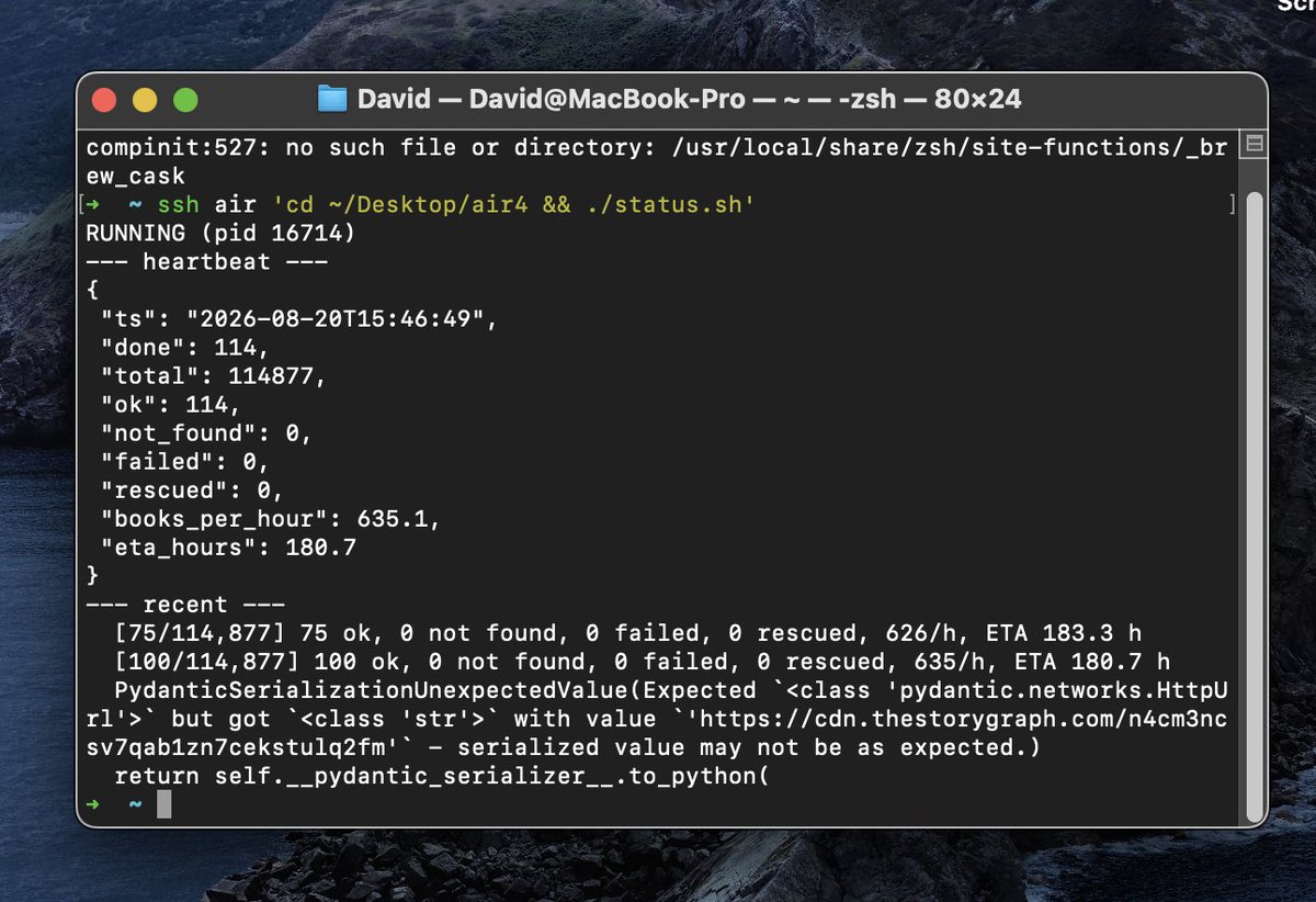 david_bodiu's tweet photo. Done today so far:
-Improved old Storygraph scraper (more robust + efficient)
-Smoketest and process now running on old macbook, looks like it'll take ~10 days best case scenario

around 110k books to scrape now https://t.co/hSzruGT8Bn