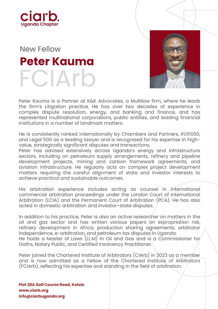 CIArb_Uganda's tweet photo. Fellow Spotlight | Peter Kauma, FCIArb

From complex disputes to landmark transactions, Peter Kauma, FCIArb has built a distinguished career at the intersection of dispute resolution, energy, infrastructure, and finance.

Peter is a Partner at K&amp;K Advocates, where he...(1/5) https://t.co/ZsIxCraNVG