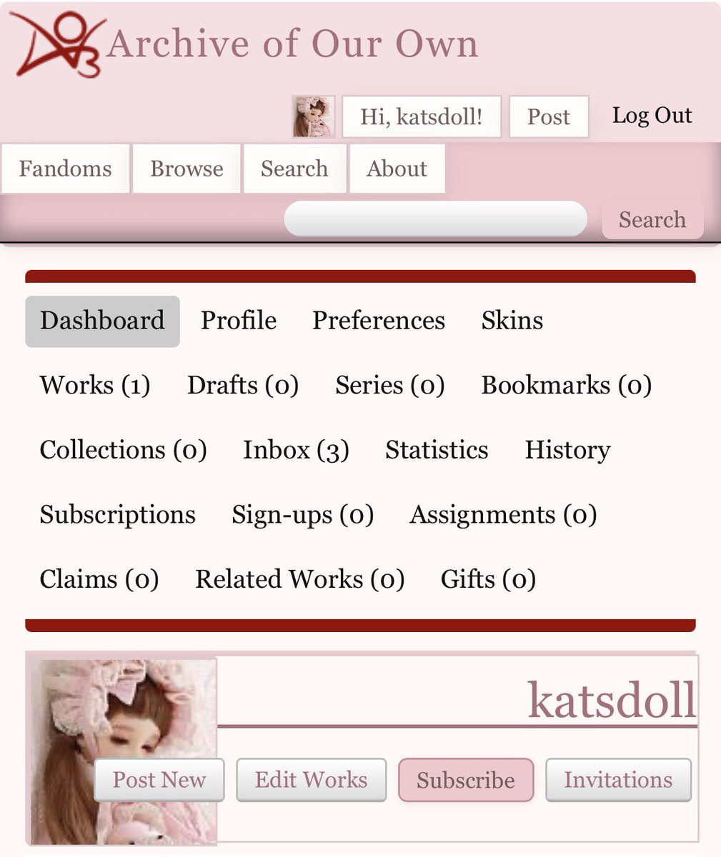 _katsdoll_'s tweet photo. I redid my ao3 acc im so happy abt it.
its pretty and pink hehehehe (≧▽≦)!! https://t.co/mJk9Jg3d8k
