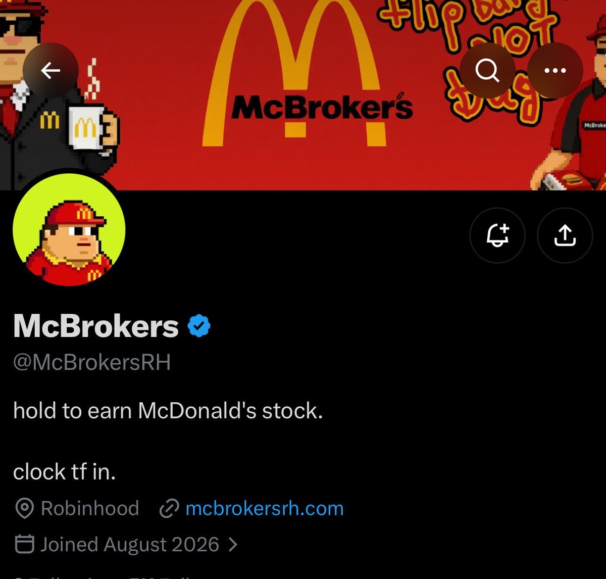 Ordinalsnfts_'s tweet photo. Add NFT - @McBrokersRH 

Locked GTD for Ordinalshood

Hold to earn McDonald’s Stock

I think we'll start a new job and work at McDonald's🤣
And I'll clock in every hour to earn LOL👀

Always ~ DYOR https://t.co/TvRbg2ufXK