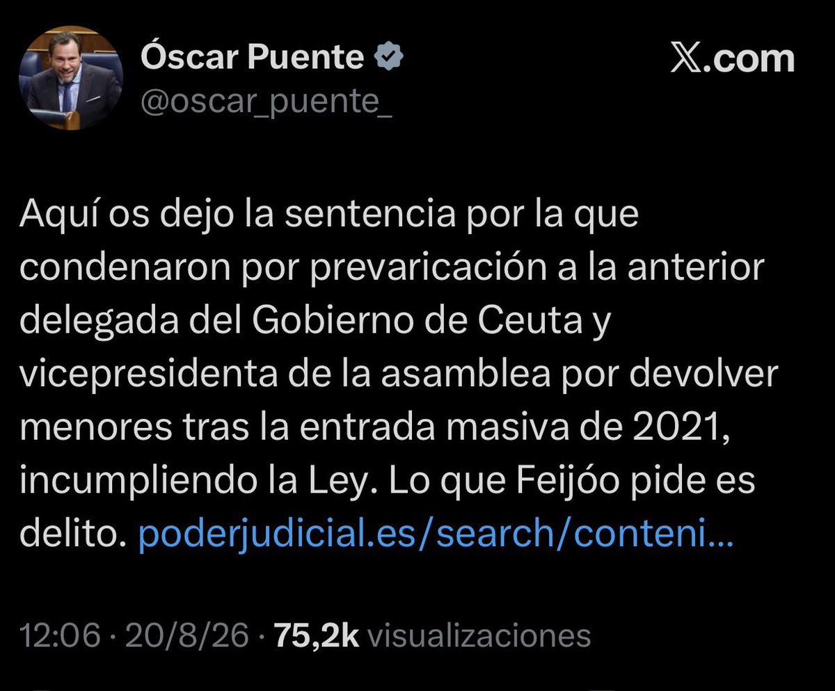 Jorgebuxade's tweet photo. 🚨 El hermano de la fiscal que con una Instrucción ilegal alteró el censo electoral preparando el mayor fraude electoral desde febrero del 36 dice no sé qué milongas de una sentencia que impide deportar menores. MENTIROSO. 

Os condenaron porque no sabéis ni tramitar un procedimiento administrativo con la ley que votasteis junto al PP. 

La sentencia: «Resulta evidente que ambas acusadas eran conocedoras de la irregularidad e improcedencia de la devolución de menores que pretendían realizar y, no obstante de forma consciente, a pesar de las advertencias que, tanto por escrito como oralmente fueron dadas por la Jefa del Área de (….),, se mantuvo con consciencia de su ilegalidad la decisión de la expulsión
de hasta 55 menores sin la realización de trámite alguno (…)»

Así que lo de ahora, como ya sabéis que SÍ se puede DEPORTAR, y no lo hacéis, es TRAICIÓN y CORRUPCIÓN. 

Pero eso ya lo sabes @oscar_puente_