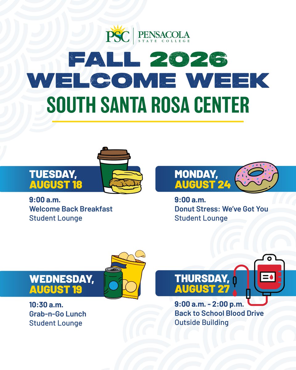 PensacolaState's tweet photo. Did you 𝘳𝘦𝘢𝘭𝘭𝘺 think we would stop the fun?!

Welcome Week Part II — here we come! 

#pensacolastatecollege #welcomeweekpartII #pscfall26 https://t.co/LwMIlJLbnk