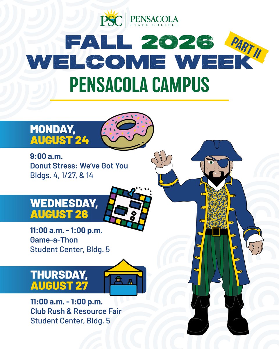 PensacolaState's tweet photo. Did you 𝘳𝘦𝘢𝘭𝘭𝘺 think we would stop the fun?!

Welcome Week Part II — here we come! 

#pensacolastatecollege #welcomeweekpartII #pscfall26 https://t.co/LwMIlJLbnk