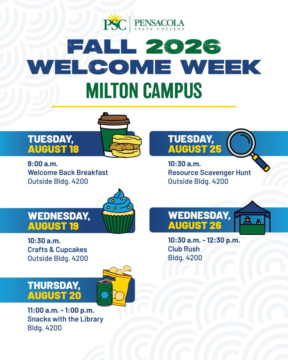 PensacolaState's tweet photo. Did you 𝘳𝘦𝘢𝘭𝘭𝘺 think we would stop the fun?!

Welcome Week Part II — here we come! 

#pensacolastatecollege #welcomeweekpartII #pscfall26 https://t.co/LwMIlJLbnk