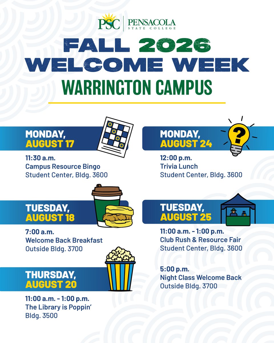 PensacolaState's tweet photo. Did you 𝘳𝘦𝘢𝘭𝘭𝘺 think we would stop the fun?!

Welcome Week Part II — here we come! 

#pensacolastatecollege #welcomeweekpartII #pscfall26 https://t.co/LwMIlJLbnk