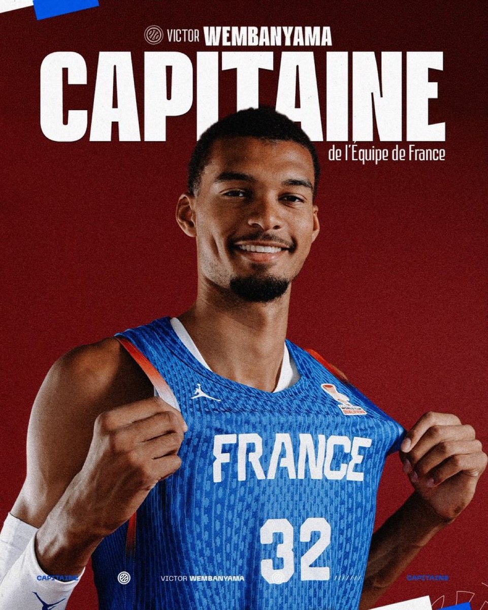 fou2basket3's tweet photo. 👽Victor Wembanyama prend le brassard chez les Bleus !

Désigné capitaine de l'équipe de France de basket pour les éliminatoires du Mondial 2027, le géant tricolore franchit un palier majeur sur la scène internationale, du haut de ses 22 ans. https://t.co/LPbzq33sir
