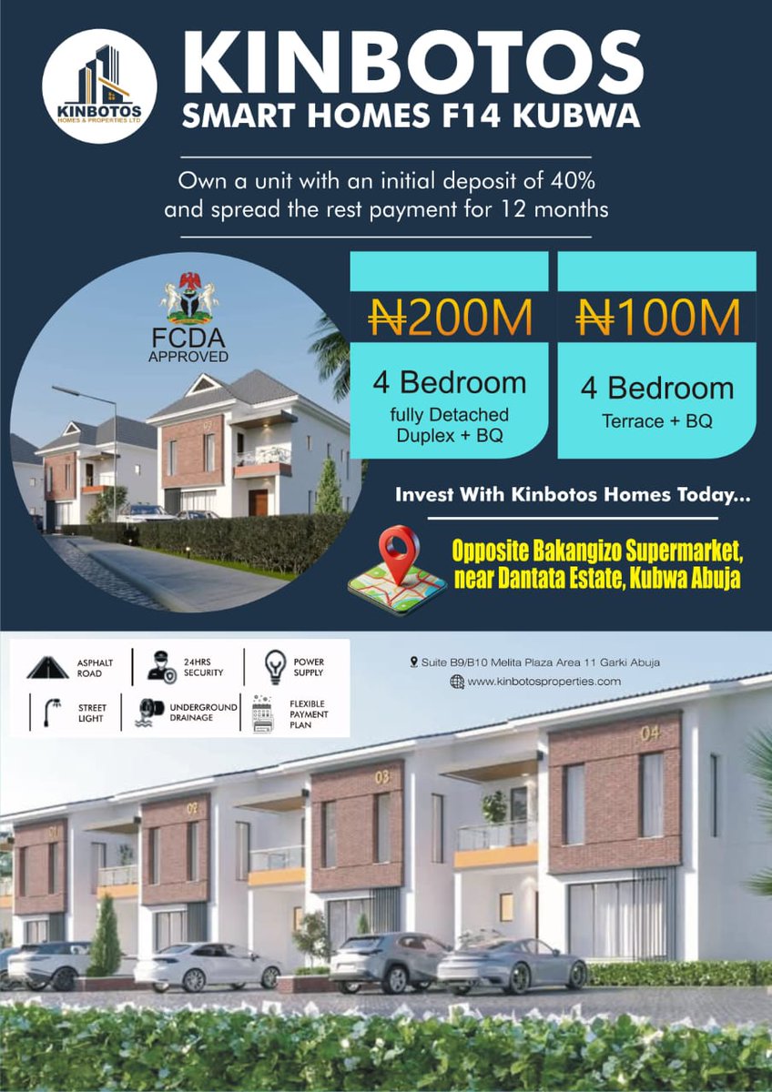 BigChuks5's tweet photo. KINBOTOS SMART HOMES F14 KUBWA, ABJ.

 📍Opposite Bakan Gizo Supermarket &amp; Pharmacy F14 Kubwa, Abj.

1)Finished 4Bedrooms fully detached duplex-#200m

2)Finished 4Bedrooms terrace duplex-#100m

📱08160855689

Asu Ekiye Peter Obi Baleba Davido Odumodu Konsa wande Poco Lee oshoala https://t.co/qDgSaSsEx5