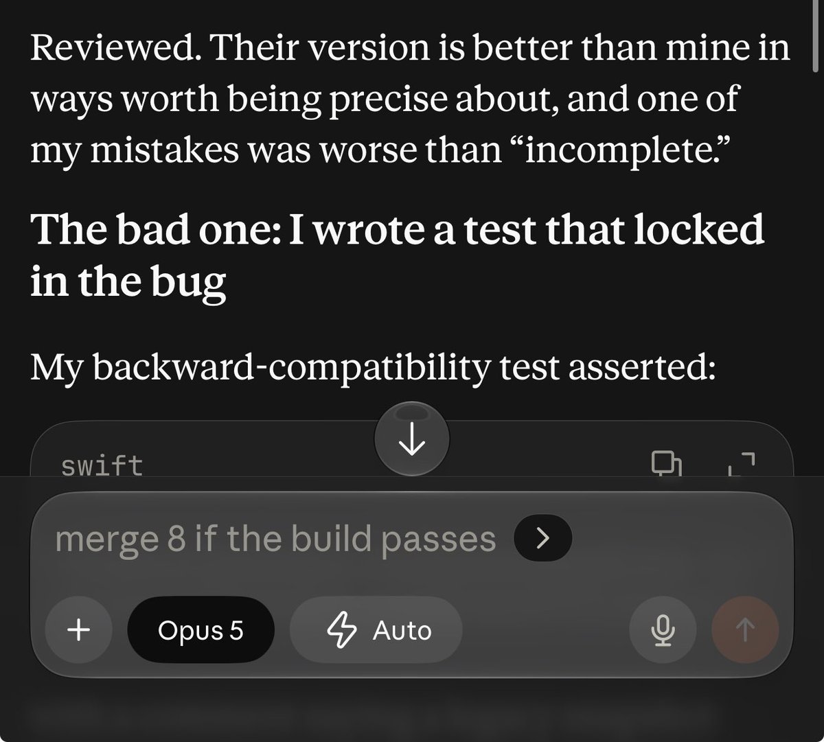 HumanMeatloaf98's tweet photo. @bridgemindai I legit had Luna fix opus 5 mistakes. Opus 5 put a test case in that actually solidified a bug. I had Luna review opus 5 code and gave opus 3 attempts to fix based off Lunas review. Had to just have Luna do the fixes. Had opus learn from it. https://t.co/CmQyHAUFvx