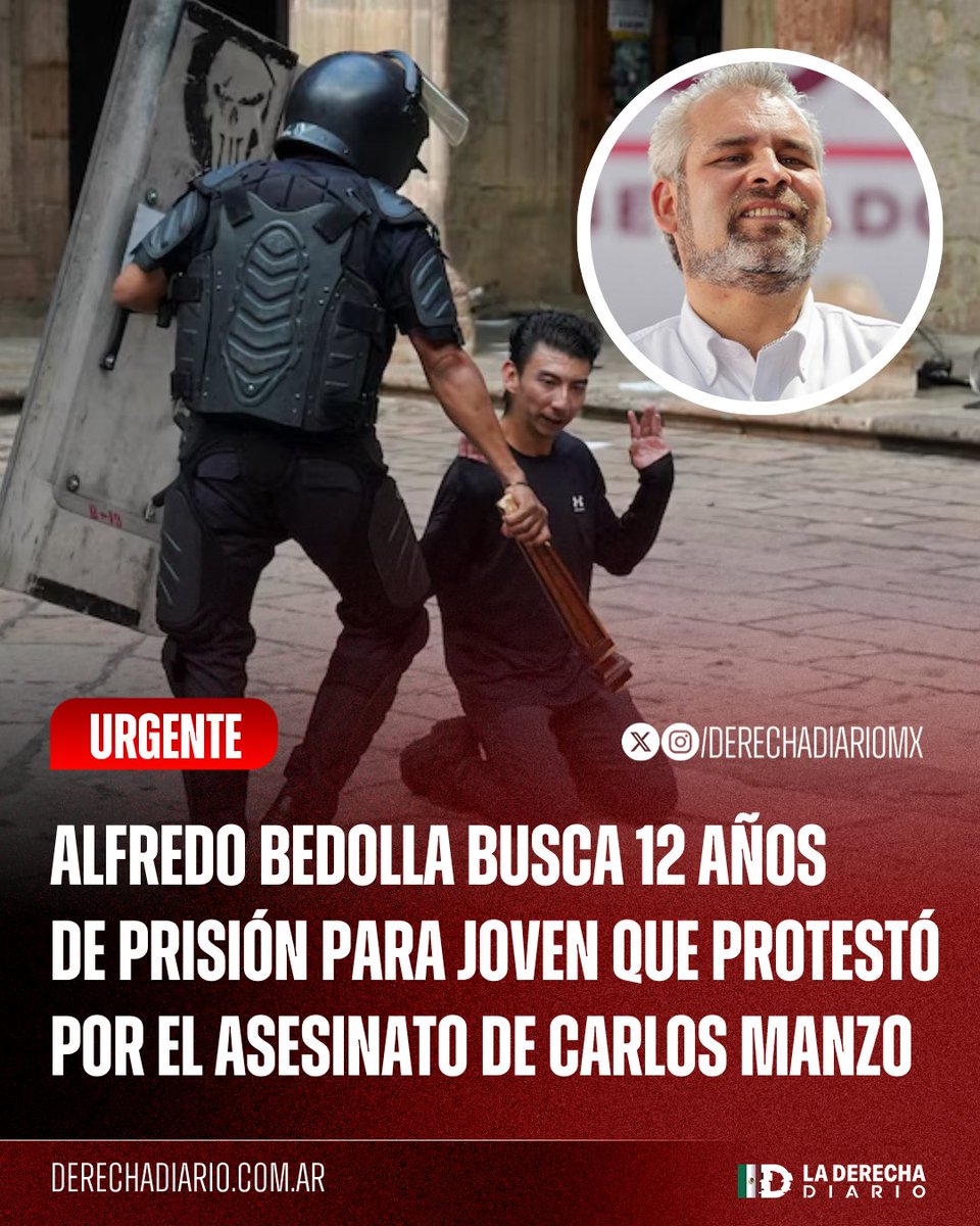 DerechaDiarioMX's tweet photo. 🚨🇲🇽 | URGENTE — NARCOESTADO: El gobierno del miserable Alfredo Bedolla busca 12 años de cárcel para el joven Raúl Meza, que fue detenido por haber participado en las protestas por el homicidio de Carlos Manzo. https://t.co/3gUwzr0Akz