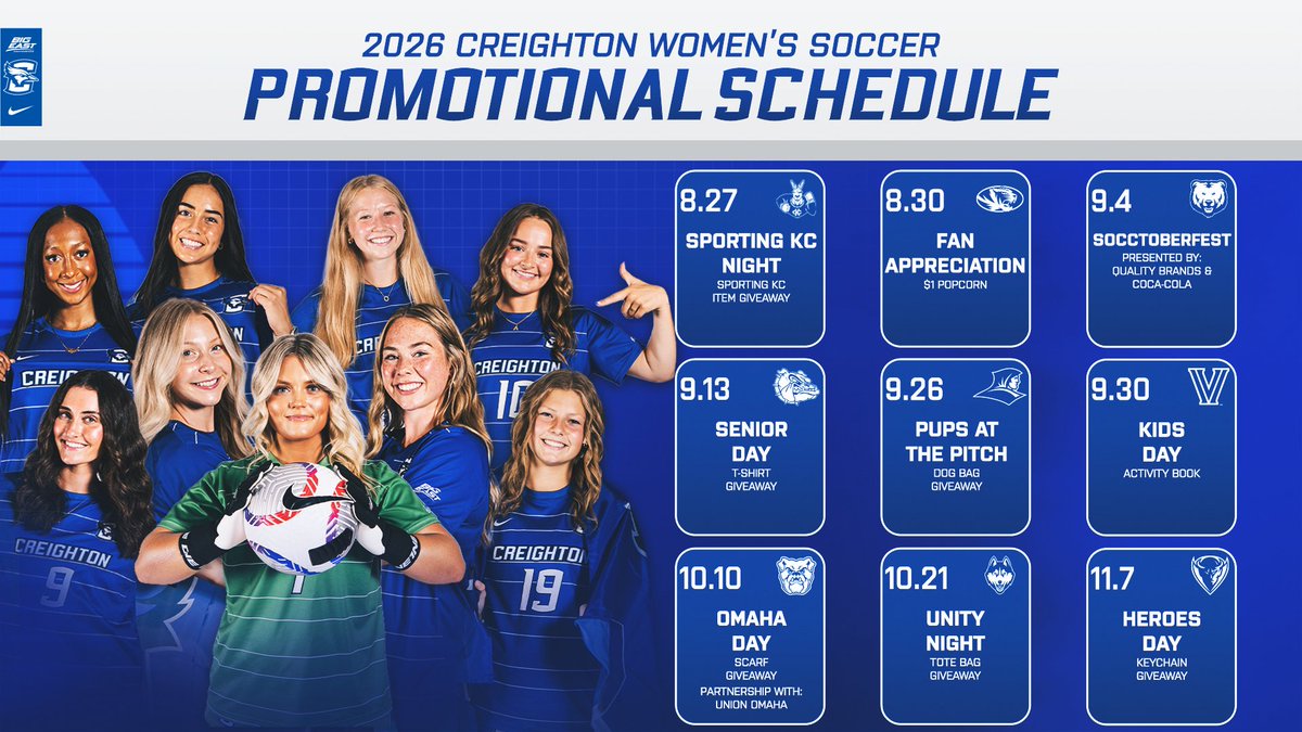 CreightonWSoc's tweet photo. The 2026 Women's Soccer Promo Schedule is here!

🔗: https://t.co/IdbQFtIbus

#GoJays https://t.co/BQvythppW7
