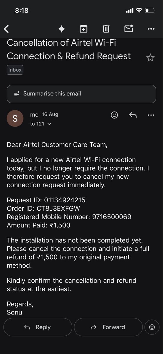 SonuNishadJi's tweet photo. Emailed Airtel on 15 Aug to cancel my new Wi-Fi connection and request a ₹1,500 refund. Still no response or refund update. Installation hasn’t even been completed. @airtelindia @airtelindiahelp Please resolve this urgently. Details attached.

#FakeAirtel #Airtel https://t.co/SG2gxXabFX