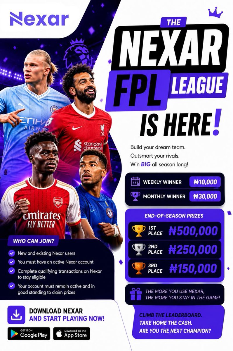 PoojaMedia's tweet photo. ⚽🔥 THINK YOU KNOW BALL?

The Nexar FPL League is LIVE!
Compete for your share of ₦1,000,000+ in cash prizes.

🥇 ₦500K
🥈 ₦250K
🥉 ₦150K
💰 Weekly & monthly rewards

To get started:
👉 Follow @useNexarHQ
👉 Download App: https://t.co/ydGDUBIJx6
👉 Join the Nexar FPL League: https://t.co/10G0chjgRr

Manager of the week winners will be announced on @useNexarHQ every week