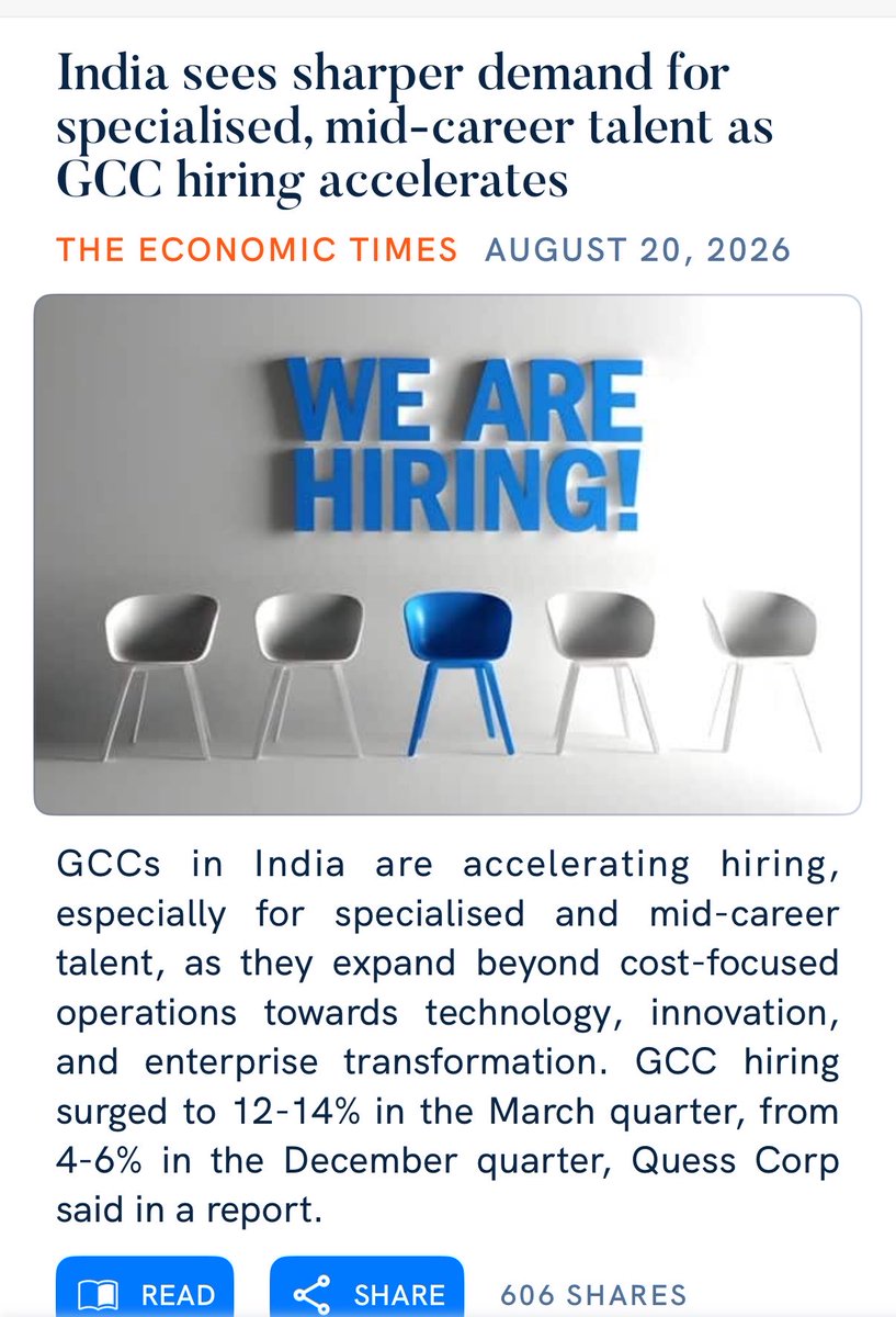 IndianEmbassyUS's tweet photo. For global companies, the question is no longer whether to build capability in India — it's how quickly.

GCC hiring is accelerating, with sharper demand for specialised mid-career talent across AI, cloud and product engineering.

https://t.co/eziO3TXNVW 

#ViksitBharat #ViksitBharat2047