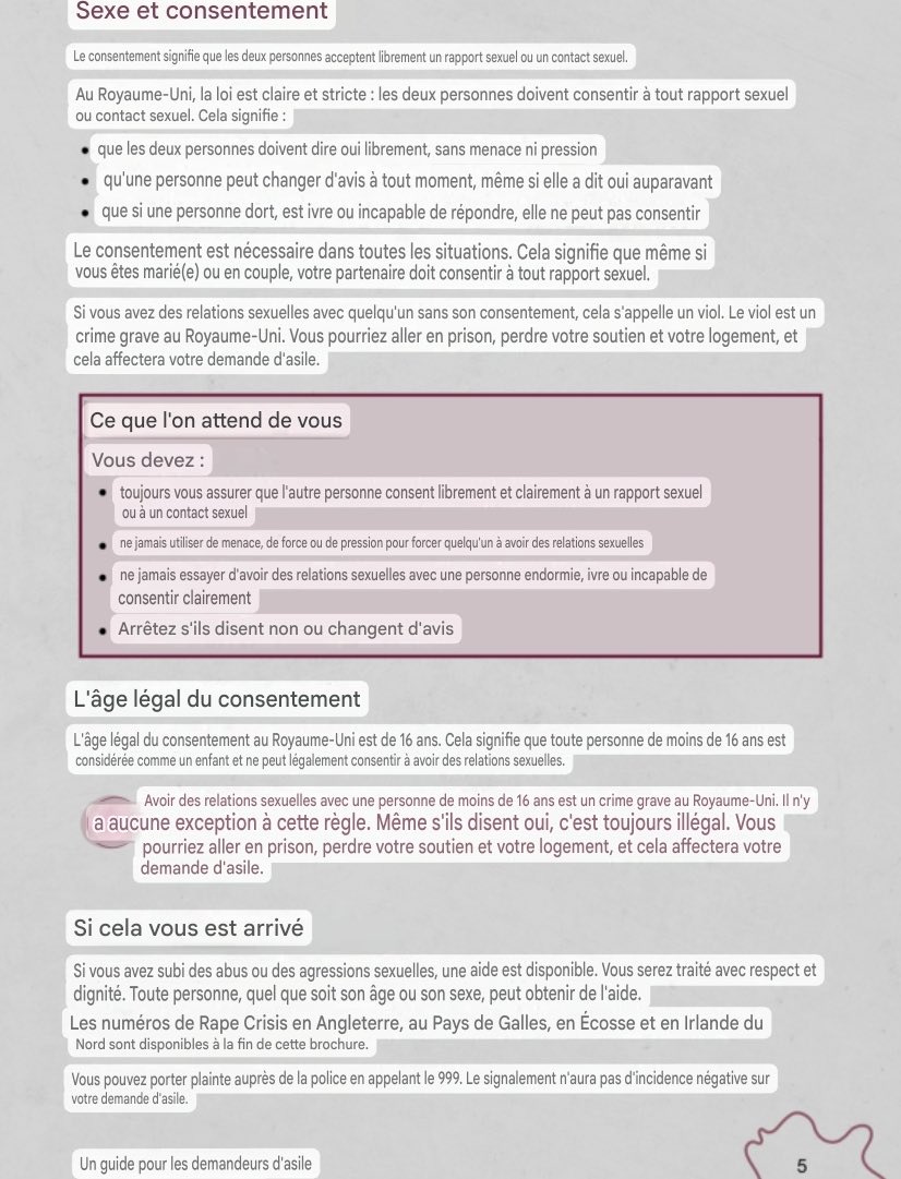 Coll_Nemesis's tweet photo. 🚨 Au Royaume-Uni, le ministère de l’intérieur vient de publier un livret de bonne conduite à destination des demandeurs d’asile.

On peut notamment y lire qu’il ne faut pas avoir de relations sexuelles avec une personne endormie, que les femmes ont le droit de travailler et de choisir qui elles épousent, ou encore que si ils ont des rapports sexuels avec des mineurs de 16 ans cela « affectera leur demande d’asile » (rien sur le fait que cela affectera leurs victimes).