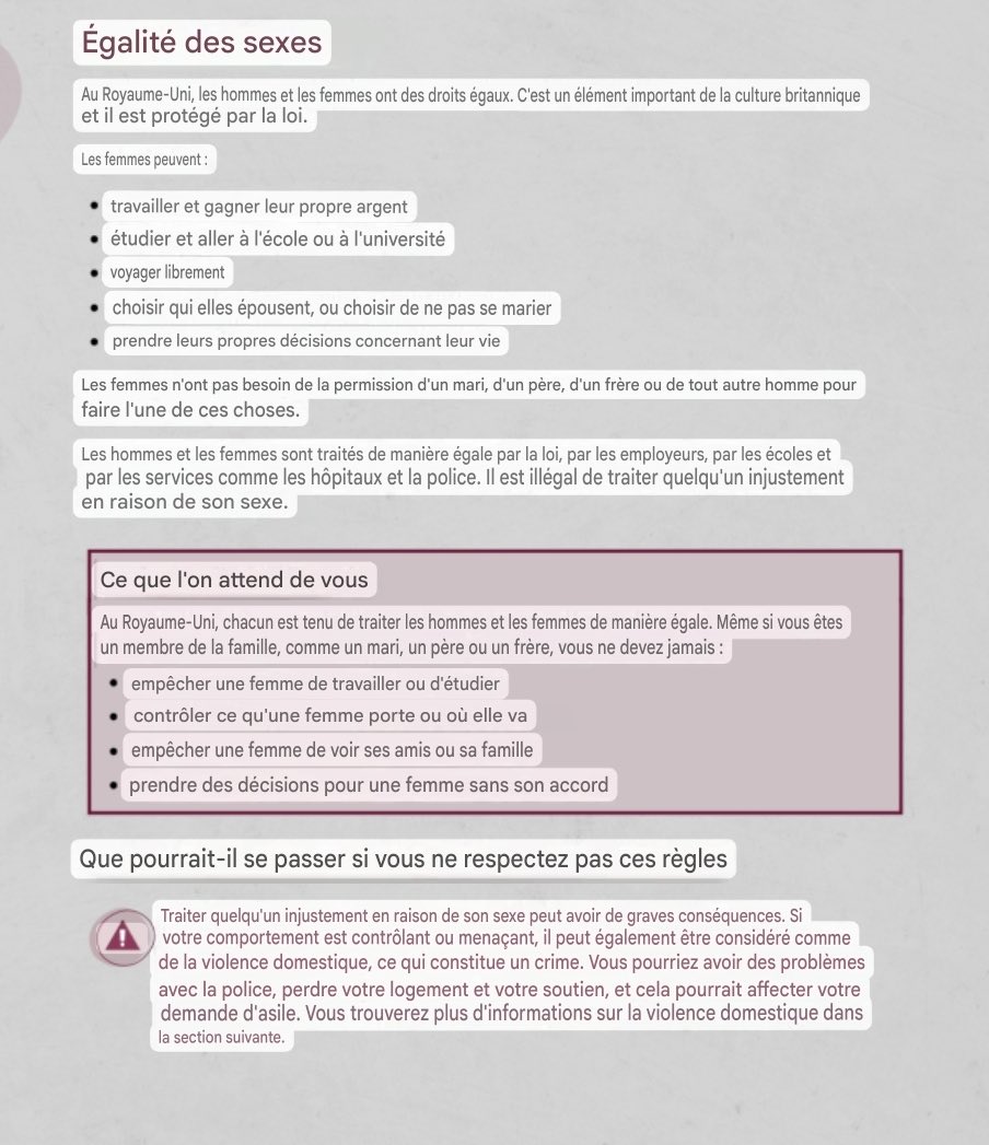 Coll_Nemesis's tweet photo. 🚨 Au Royaume-Uni, le ministère de l’intérieur vient de publier un livret de bonne conduite à destination des demandeurs d’asile.

On peut notamment y lire qu’il ne faut pas avoir de relations sexuelles avec une personne endormie, que les femmes ont le droit de travailler et de choisir qui elles épousent, ou encore que si ils ont des rapports sexuels avec des mineurs de 16 ans cela « affectera leur demande d’asile » (rien sur le fait que cela affectera leurs victimes).