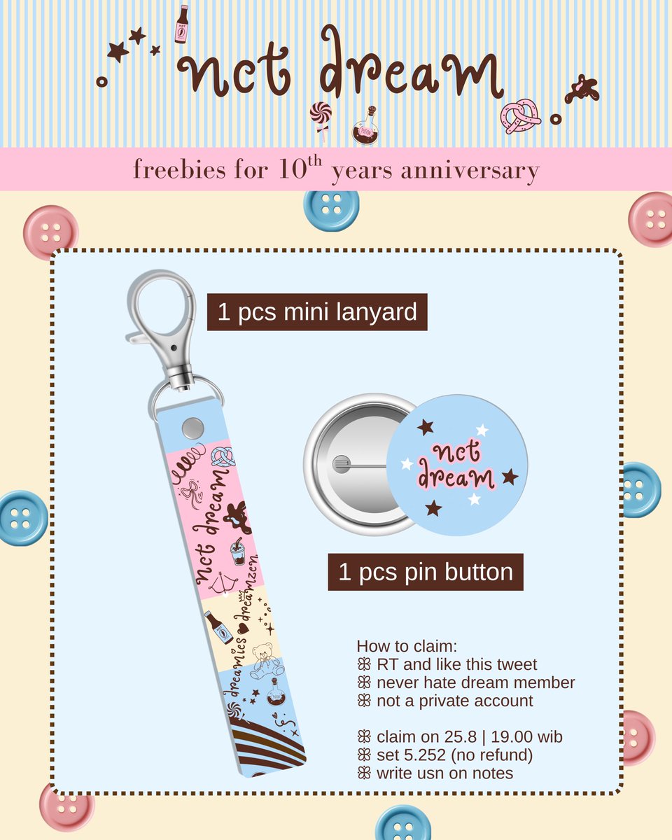 talscart's tweet photo. ෆ˚𐙚* Freebies for NCT DREAM  10th Anniv *𐙚˚ෆ
by @talscart 

How to claim:
ʚɞ RT &amp; like this tweet
ʚɞ never hate dream member
ʚɞ not a private account

ʚɞ claim on 25.8 | 19.00 wib https://t.co/Sr3H1PyEQA
ʚɞ set 5.252 (no refund)
ʚɞ write usn on notes

Pls tag me if u get it ♡ https://t.co/NQJKirzXno