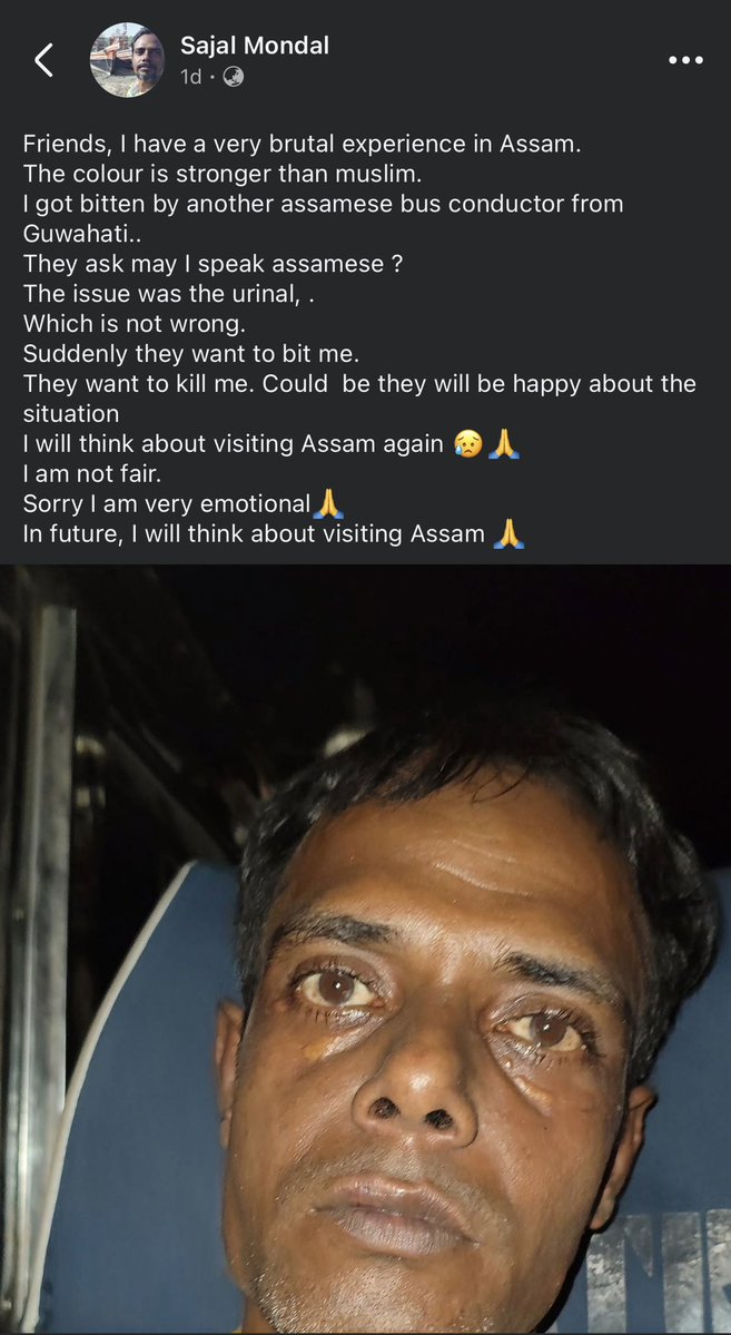 satyanewshi's tweet photo. This man Sajal Mondal from West bengal raised funds &amp; help for Assam flood victims, on reaching assam he was beaten for speaking bangla
Hate &amp; dehumanisation against  bengalis in assam has been normalised https://t.co/YeimC74yCD