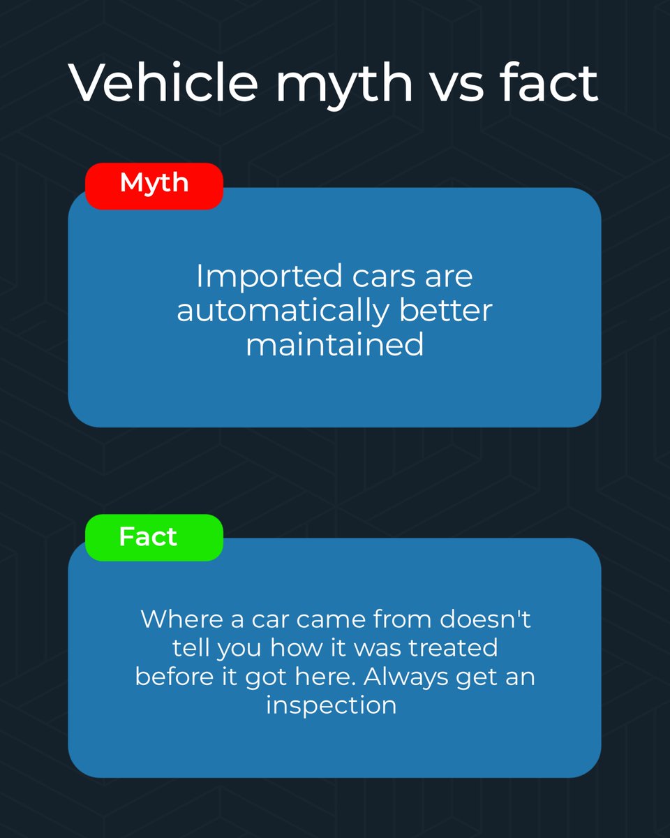 Karfid_Tech's tweet photo. Myth: imported cars are automatically better maintained.
Fact: where a car came from doesn't tell you how it was treated before it got here. Always get an inspection.

#Karfid #CarInspection #UsedCars https://t.co/ZELqCJ2yqr