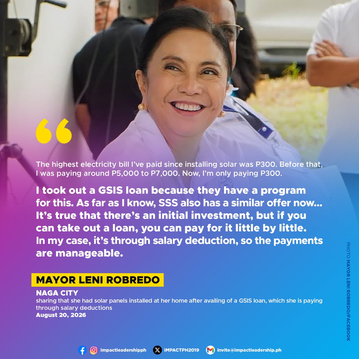 iMPACTPH2019's tweet photo. SINO ANG RELATE SA LOAN? ✋😅
LENI'S HOUSE NOW HAS SOLAR AFTER GSIS LOAN

Naga City Mayor Leni Robredo shared that she had solar panels installed at her home after availing of a GSIS loan, which she is paying through salary deductions.

https://t.co/4EOilptCdR https://t.co/RONVzEGPzo