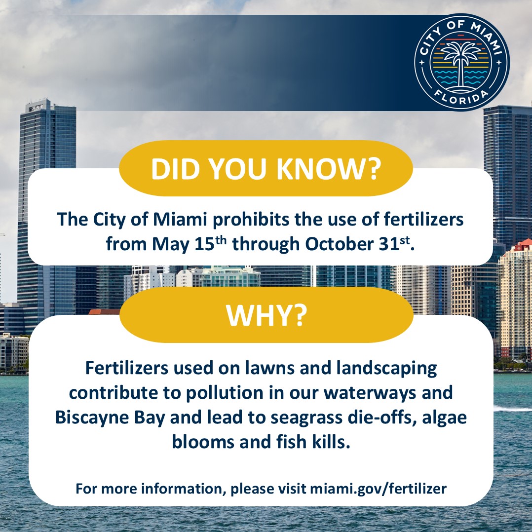 CityofMiami's tweet photo. Did you know that fertilizers contain nutrients that can be harmful to aquatic and marine systems such as lakes, canals, the #MiamiRiver and #BiscayneBay? Excess nutrients from our urban watershed including fertilizers impact the health of #BiscayneBay! Nutrient pollution has contributed to seagrass die-offs and algal blooms in the Bay. Learn more at https://t.co/aqf8U5CM6c #StartTodayToSaveTheBay