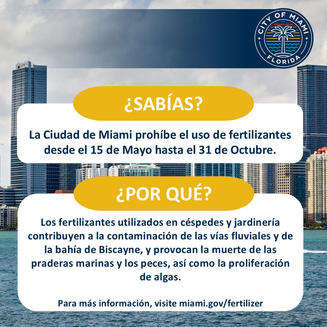 CityofMiami's tweet photo. Did you know that fertilizers contain nutrients that can be harmful to aquatic and marine systems such as lakes, canals, the #MiamiRiver and #BiscayneBay? Excess nutrients from our urban watershed including fertilizers impact the health of #BiscayneBay! Nutrient pollution has contributed to seagrass die-offs and algal blooms in the Bay. Learn more at https://t.co/aqf8U5CM6c #StartTodayToSaveTheBay