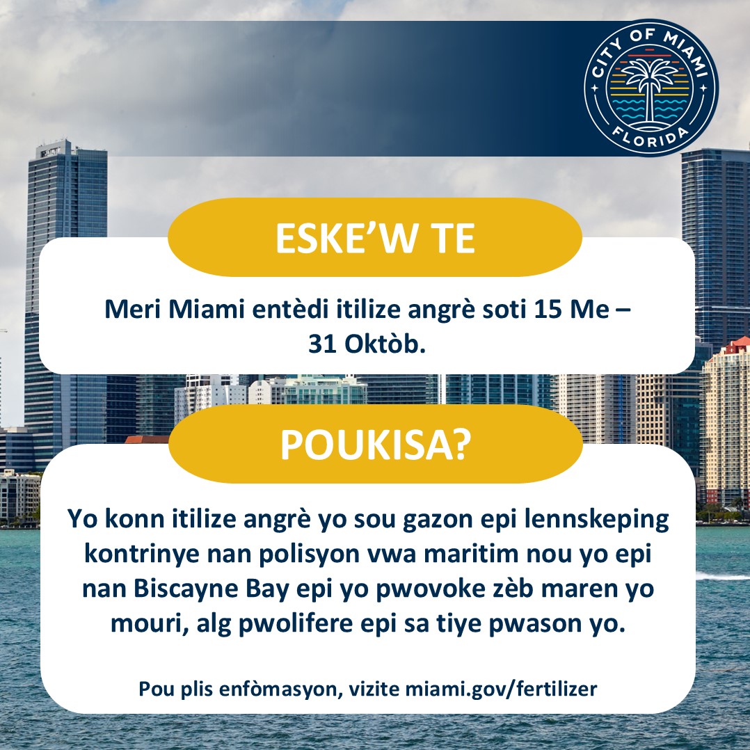 CityofMiami's tweet photo. Did you know that fertilizers contain nutrients that can be harmful to aquatic and marine systems such as lakes, canals, the #MiamiRiver and #BiscayneBay? Excess nutrients from our urban watershed including fertilizers impact the health of #BiscayneBay! Nutrient pollution has contributed to seagrass die-offs and algal blooms in the Bay. Learn more at https://t.co/aqf8U5CM6c #StartTodayToSaveTheBay