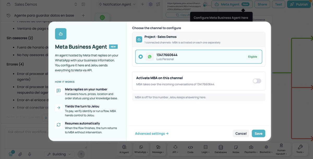 luisloaiza's tweet photo. Meta Business Agent has been live and interoperating with Jelou AI for the past month. Here are a few things we’ve learned about this AI model, which changes the economics of WhatsApp conversations: instead of paying per conversational message, you pay based on token usage.

Meta Business Agent enables natural conversations, answers frequently asked questions, and can guide and recommend. What it doesn’t do, at least not yet, is execute: integrate with your CRM, process a payment according to your business rules and using local rails, verify identity using local government data, or provide an audit trail showing which system accessed which data.

That’s where interoperability comes in:

→ The customer sends a message on WhatsApp
→ MBA handles the conversation and detects an operational intent
→ It hands control over to Jelou
→ Jelou executes using the company’s rules, integrations, and traceability
→ MBA resumes the conversation with the result

For simple processes, MBA on its own may be enough. For processes involving data, payments, identity, or compliance, governed coexistence makes the difference.

Sharing your data

One advantage of interoperating with Jelou is that you don’t need to expose sensitive information to MBA—or any other AI model. Transactions don’t have to be executed by MBA, and you can build AI agents on our platform designed to protect user information while executing the underlying process.

Costs

When you use MBA for conversations with users on WhatsApp, Meta charges based on tokens rather than messages. Message-based charges apply when other models are used.

MBA’s token consumption can be significant: 5,000 tokens just to start a conversation, compared with 217 tokens when orchestrating models through Jelou.

Token usage per conversation or per outcome, directly affects margins per transaction, operation, and customer service interaction. Today, we help companies build high-quality conversational experiences on WhatsApp using multiple AI models, while controlling the budget per conversation and optimizing toward an outcome that generates ROI.

If a customer simply writes “Hi” and disappears, that interaction shouldn’t cost the same as another customer who completes an entire transaction.

Fixed pricing per conversation is disappearing, making way for a more transparent model focused on actual outcomes.