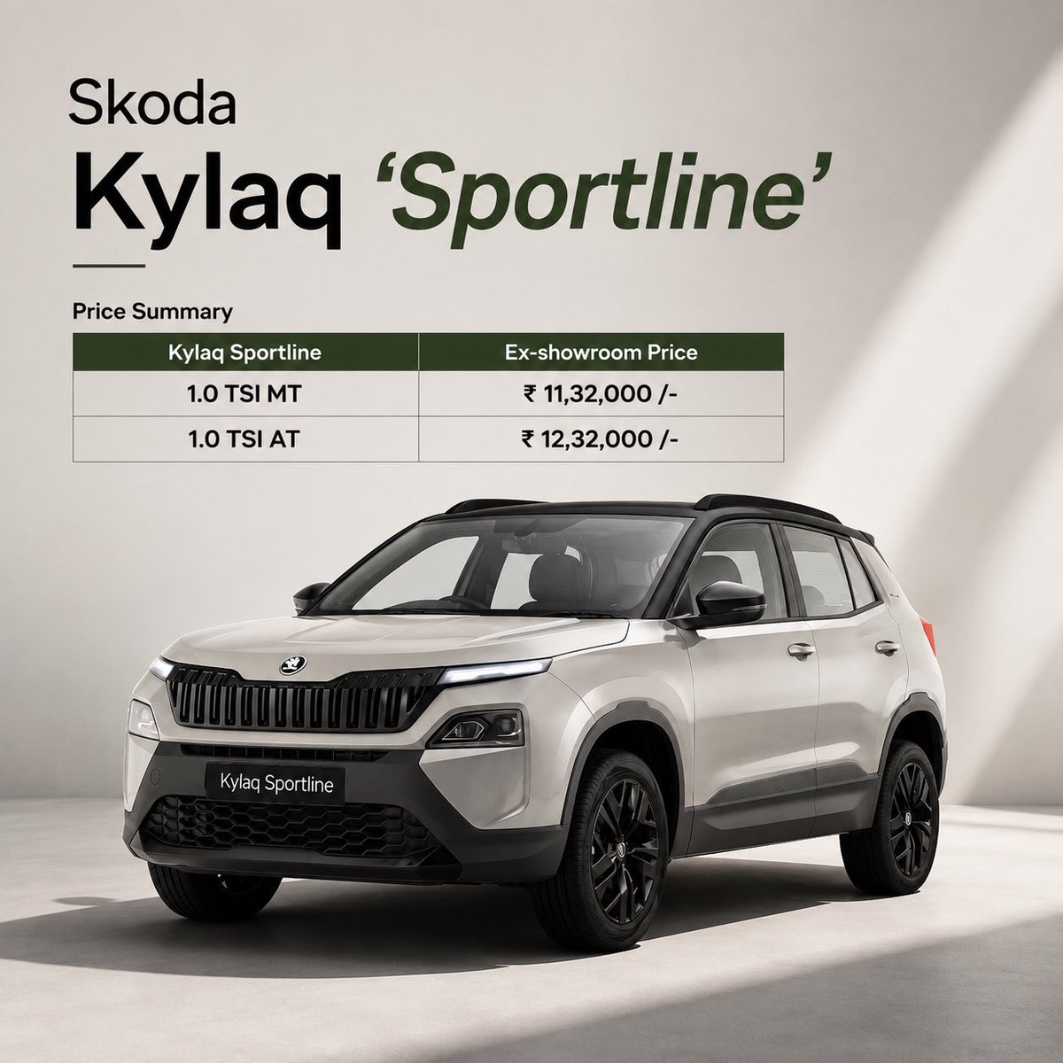 volklub's tweet photo. Skoda Kylaq Sportline launched at 11.32L

It will sit between Signature and Prestige variants. 

Key features of the Škoda Kylaq Sportline from the press release:

✅ 5-Star Bharat NCAP
✅ 6 Airbags
✅ 1.0 TSI Turbo Petrol
✅ 6-Speed MT / 6-Speed AT
✅ 17-inch Black Alloy Wheels
✅ 10.1-inch Touchscreen
✅ 8-inch Virtual Cockpit
✅ Electric Sunroof
✅ Wireless Charging
✅ Climatronic Automatic AC