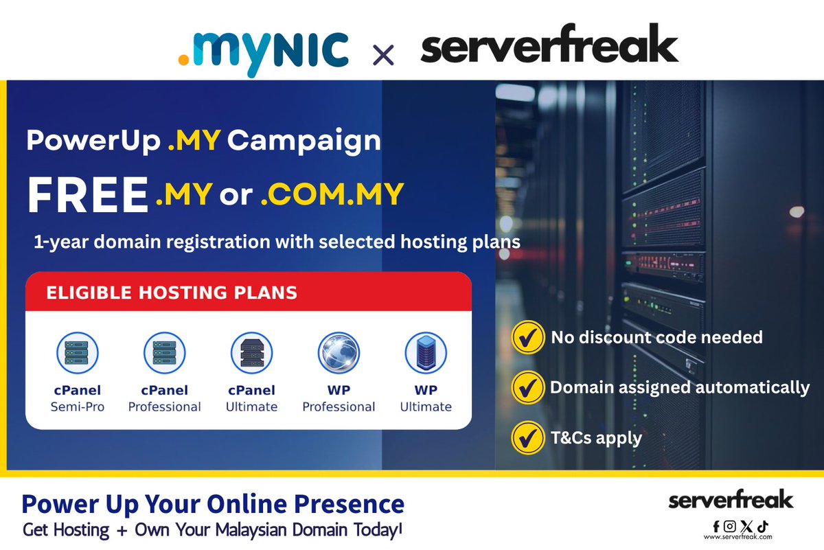 ServerFreak's tweet photo. Power up your online presence with a FREE .MY or .COM.MY domain! 
Purchase a selected Serverfreak hosting plan and enjoy 1-year domain registration, in collaboration with MYNIC.
Valid: 1 Aug–31 Dec 2026
Get started: https://t.co/PvDoeb6QG6
#PowerUpMY #Serverfreak #MYNIC https://t.co/5eDOtZukba