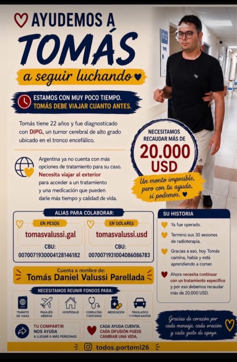 Pontonn_'s tweet photo. Ayudemos a Tomi, un joven de 22 años, diagnosticado con DIPG, un tumor cerebral muy agresivo.

Necesitamos recaudar más de USD 20mil para acceder a un tratamiento en el exterior. 🙏🏻

💙 ARS: https://t.co/bTgFg40m91
💵 USD: tomasvalussi.usd
📲 IG: @todos.portomi26
#nadiedicenada https://t.co/4yGWYjPATE