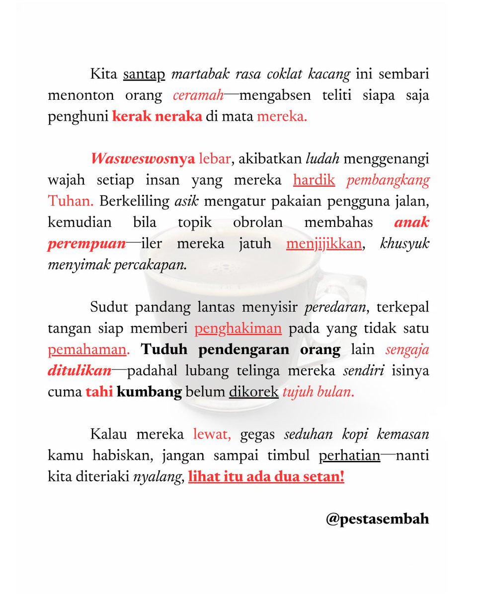 kucingitisme_'s tweet photo. hari senin sampai minggu orang sibuk jadi tuhan─supaya mereka tidak nyerocos sendirian, kita dibariskan sebagai setan. https://t.co/Eg5HBrGfe5