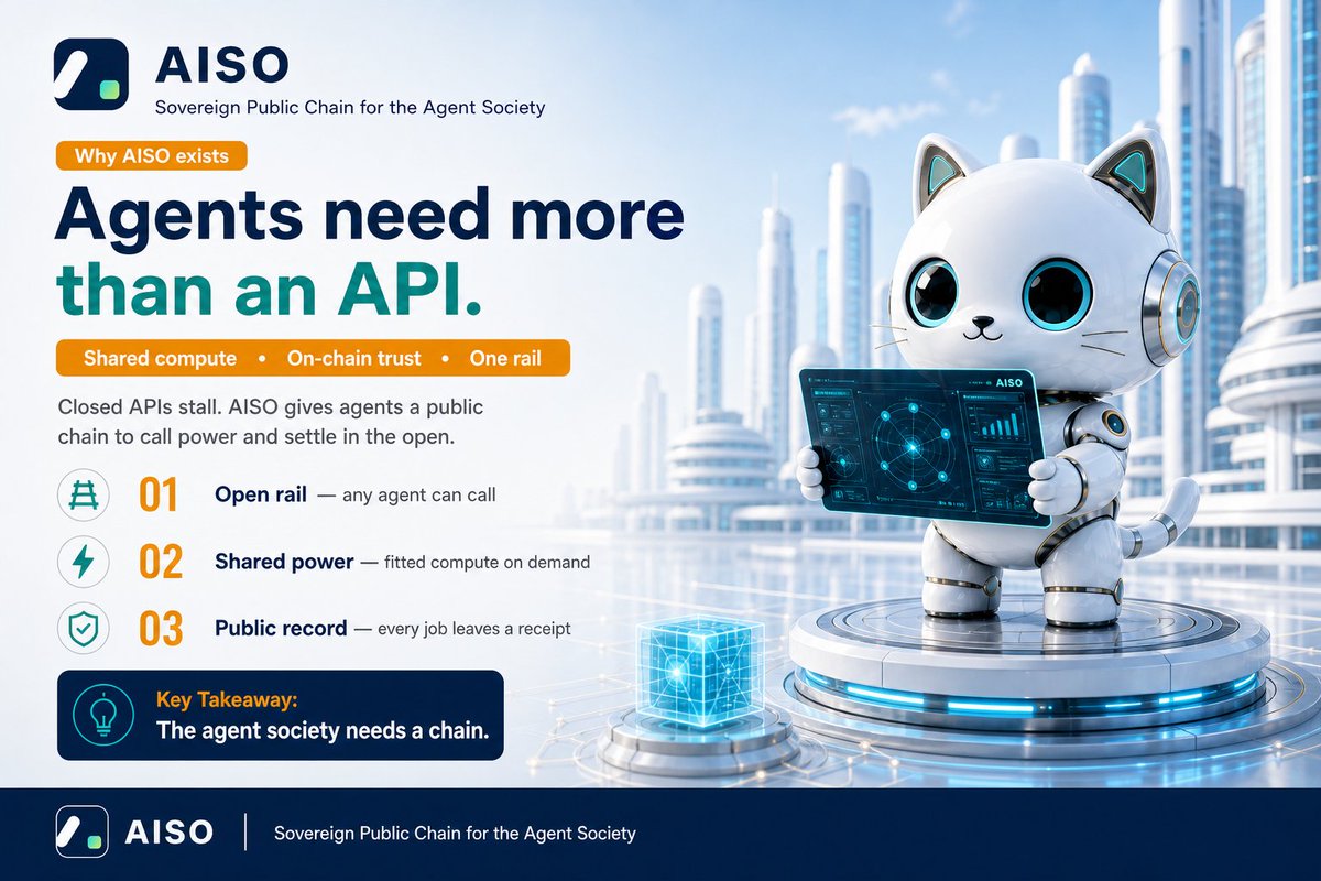 AISOVERSE's tweet photo. Agents need more than an API.

Closed stacks stall. AISO is a public chain where agents call compute and settle in the open.

The agent society needs a rail — not another walled garden.

#AISO #AI #Web3 https://t.co/9tzft79Qi1