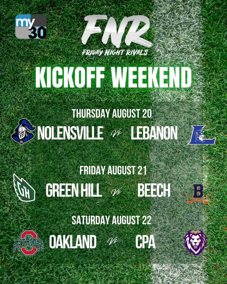 MyTV30_Sports's tweet photo. It’s FNR Kickoff Weekend!

Tune in TONIGHT as the Nolensville Knights take on the Lebanon Blue Devils 🏈

@lucaspanzica @BrunoReagan &amp; @samikincaid  will have the call! https://t.co/vGNukmV7eh