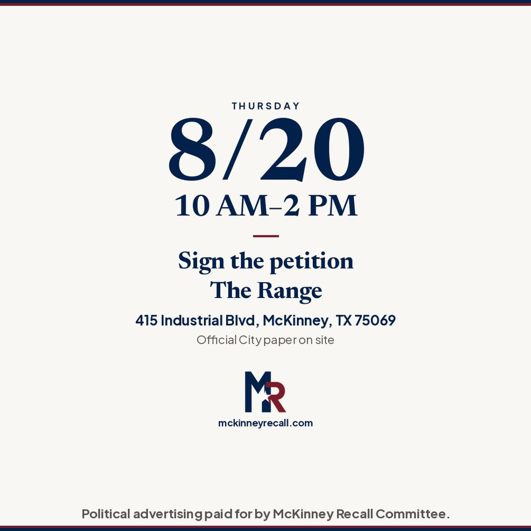 McKinneyRecall's tweet photo. Sign at these three locations today! Volunteer for a shift at the Range!

#SaveMcKinney #McKinneyRecall #RecallMcKinney #McKinneyCityCouncil #McKinneyTX #McKinney #CollinCounty https://t.co/8dDTspY8r0