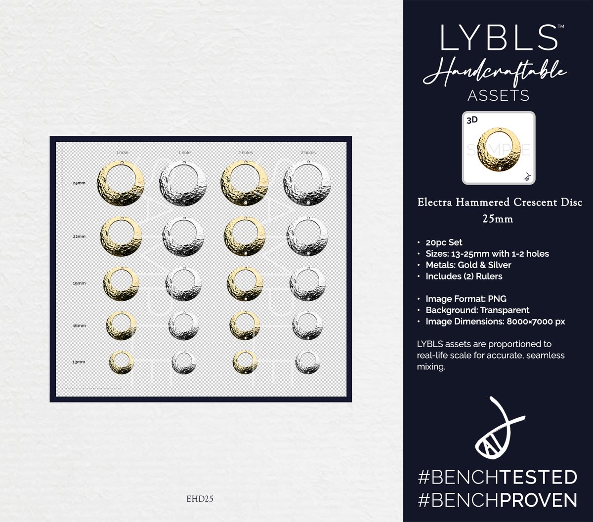 lyblsSI's tweet photo. 'Electra Hammered Crescent Disc' 20pc Set✨         

AI-ready photo assets. Proportioned for real-life scale and seamless mixing. Built for high-res, photorealistic jewelry design. Includes commercial license.    

PNG transparent master file includes two rulers and a set of mockups (13mm, 16mm, 19mm, 22mm, and 25mm) in Gold/Silver.  

#LYBLS #Handcraftable #AIJewelry