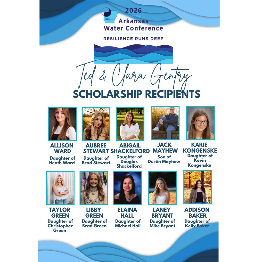 ARWaterConf's tweet photo. The Arkansas Water Conference would like to wish our 2026 Scholarship Winners the best of luck as they continue their education this fall!

#AWC #MemberBenefits #WaterIndustry #Education

Learn more about our scholarship opportunities at https://t.co/MxJxwkPDf9 https://t.co/0xONafNDv1
