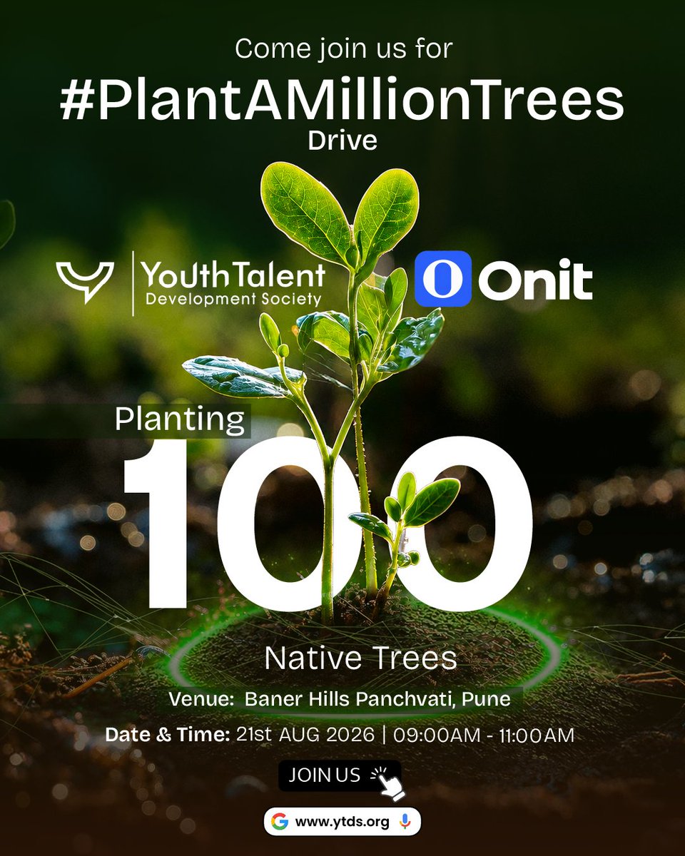 YTDS_foundation's tweet photo. Tomorrow, 100 native trees find their place at Panchavati Hills, Baner.
On It x YTDS comes together under Prakriti Parv to add more green cover to Pune.
Show up. Plant with us. Be part of it.
DM PRAKRITI PARV.
#PlantAMillionTrees #PrakritiParv #OnIt #YTDS https://t.co/Lb5moGtofJ